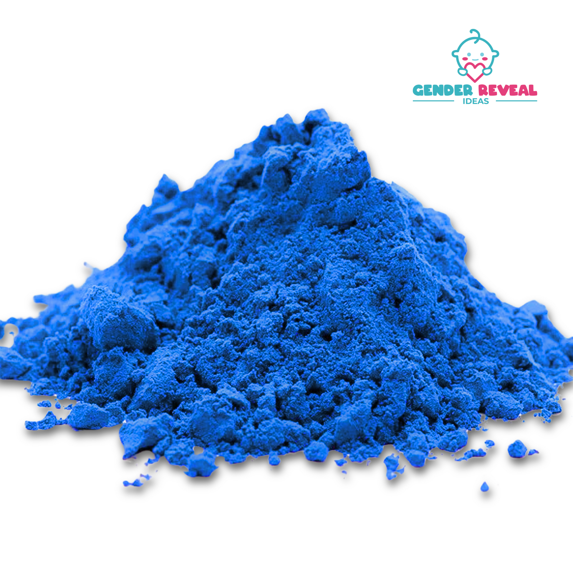 200g Gender Reveal BIO Powder shown as a vibrant blue powder pile with fine, loose texture on white background, displaying its soft, powdery consistency. Company logo appears in top right corner featuring a baby design in turquoise and pink colors.