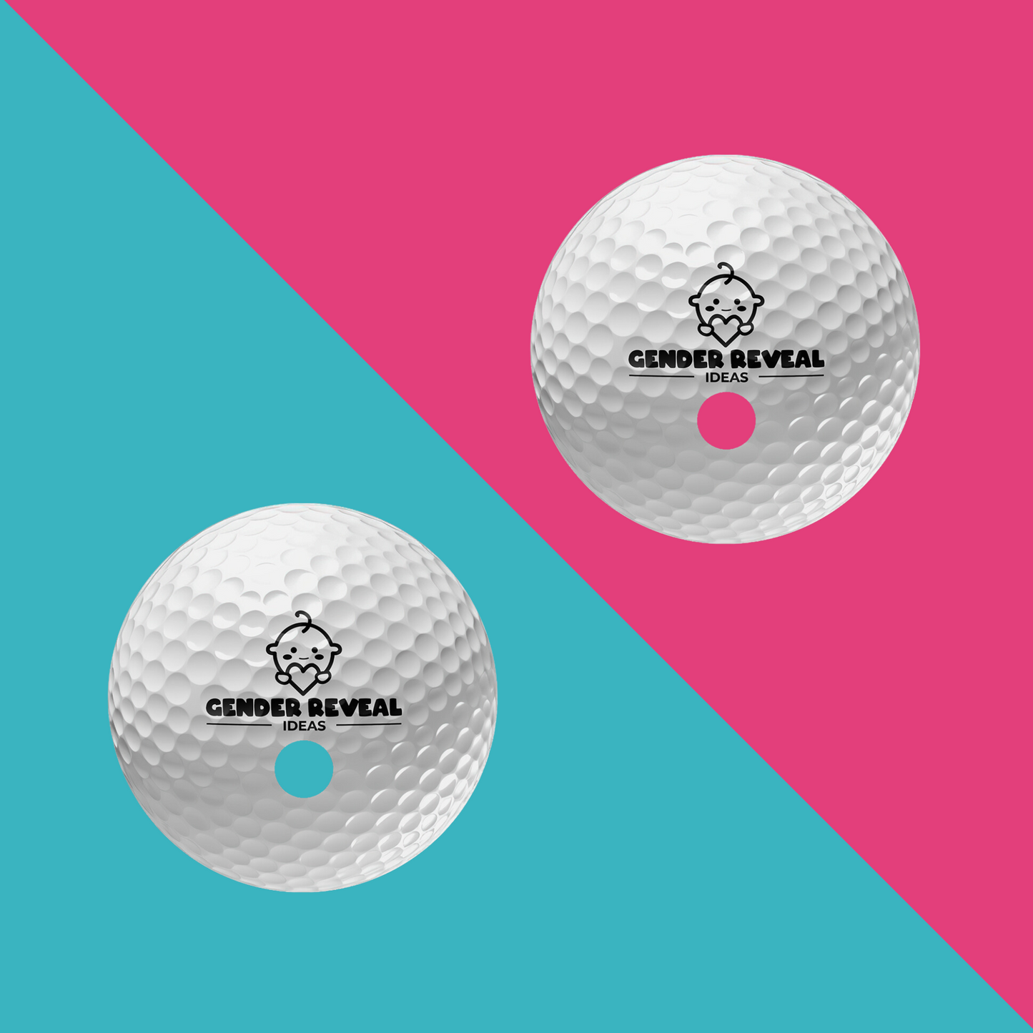Gender Reveal Golf Balls displayed on diagonal split background of pink and turquoise, featuring two white golf balls with baby logo design and center holes arranged symmetrically against contrasting colors