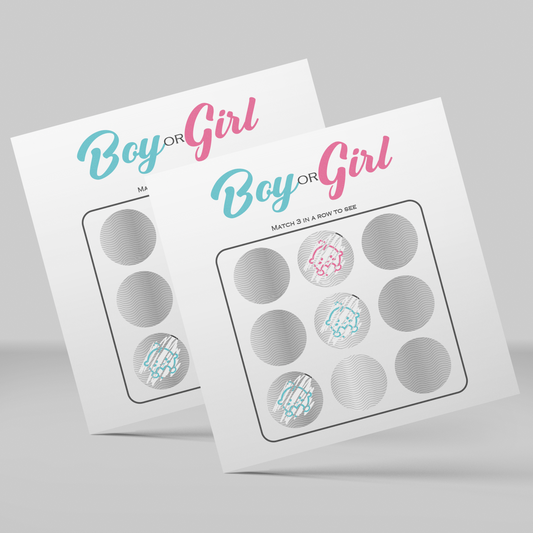 Gender Reveal Scratchie 10 Pack featuring two white scratch cards with Boy or Girl text in blue and pink. Cards display multiple silver scratch-off circles arranged in a grid pattern, with some revealed circles showing baby-themed symbols in pink and blue.