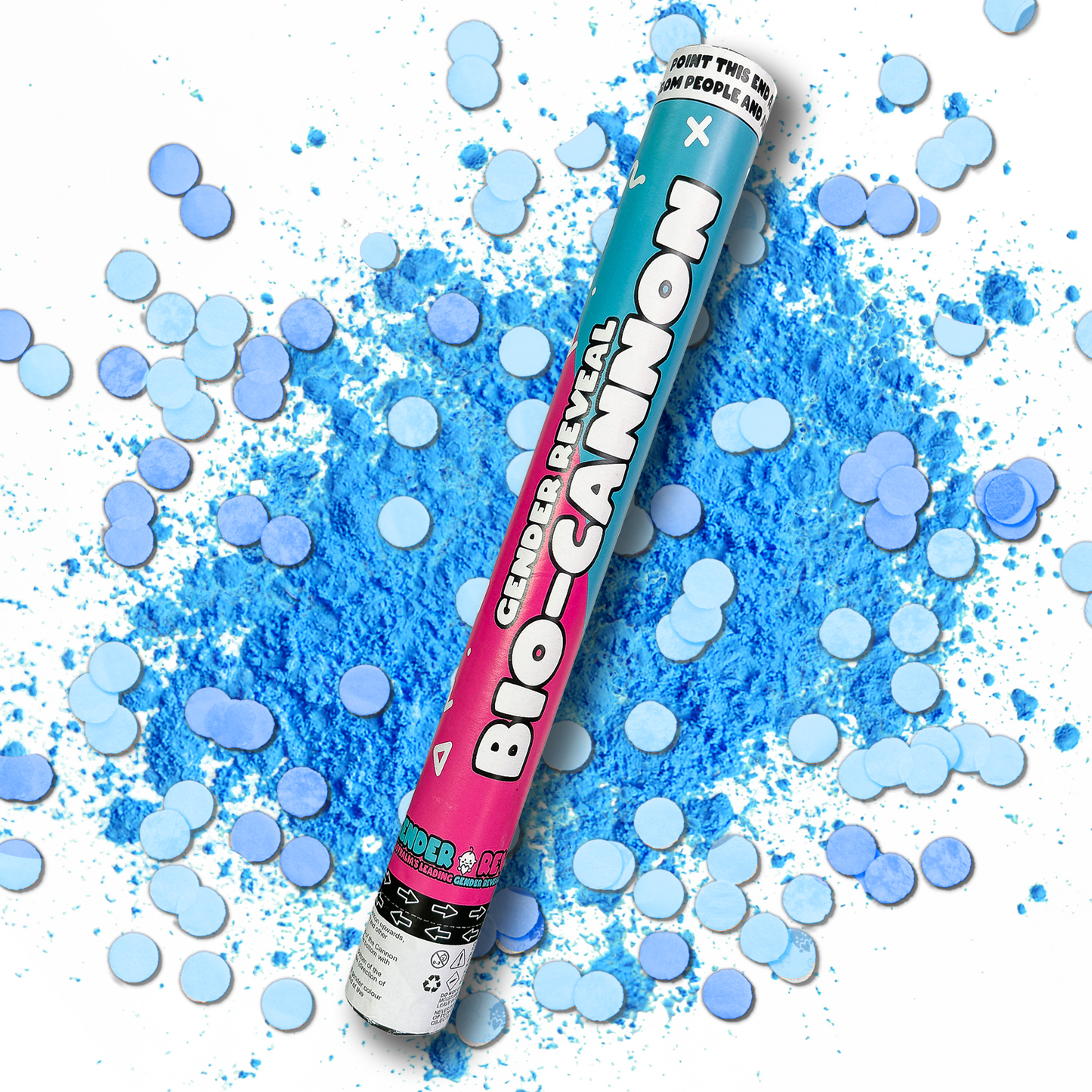 Gender Reveal Confetti & Powder Cannon XL 50cm shown with bright blue powder explosion effect against white background, featuring pink and turquoise colored cannon tube with product branding, demonstrating the dramatic reveal effect