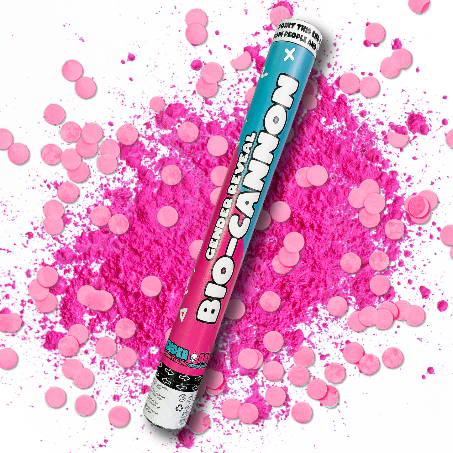 Gender Reveal Confetti & Powder Cannon XL 50cm shown with vibrant pink powder explosion and scattered confetti dots against white background. Blue and pink metallic cannon tube displayed diagonally with product branding visible.