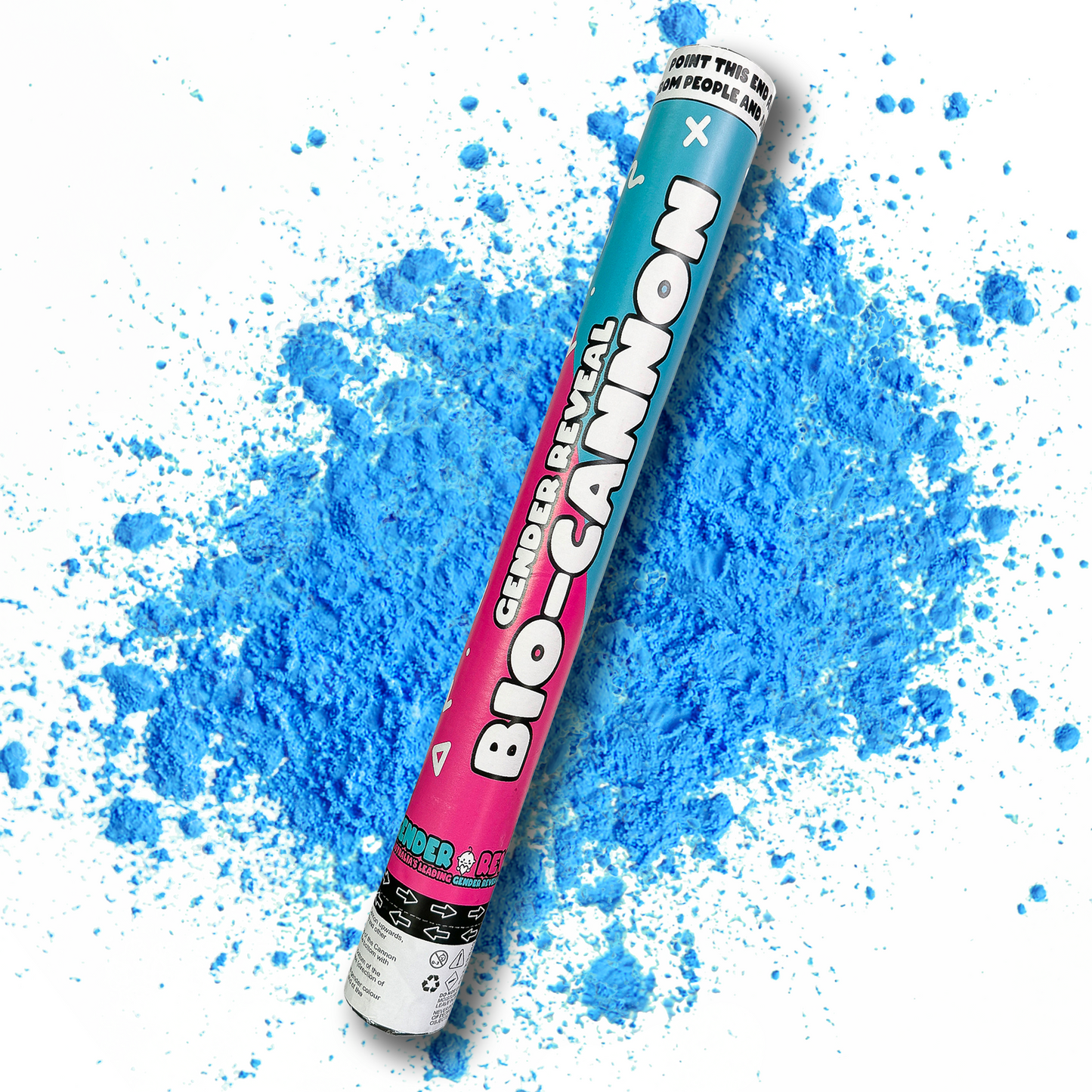 Gender Reveal Powder Cannon XL 50cm with pink and blue design shown diagonally against a burst of vibrant blue powder explosion background on white surface, demonstrating the product's dramatic reveal effect