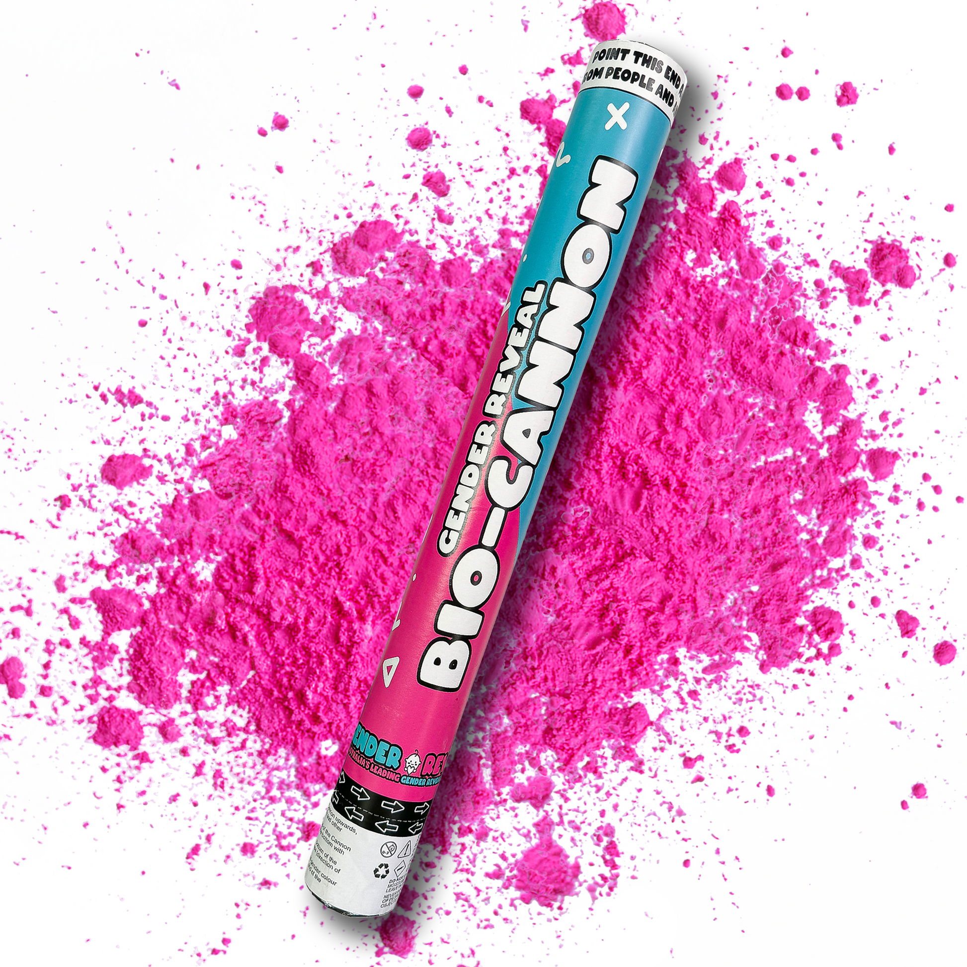 Gender Reveal Powder Cannon XL 50cm with bright pink powder explosion effect against white background, featuring a blue and pink cylindrical cannon tube with white text design, displayed diagonally with powder burst pattern