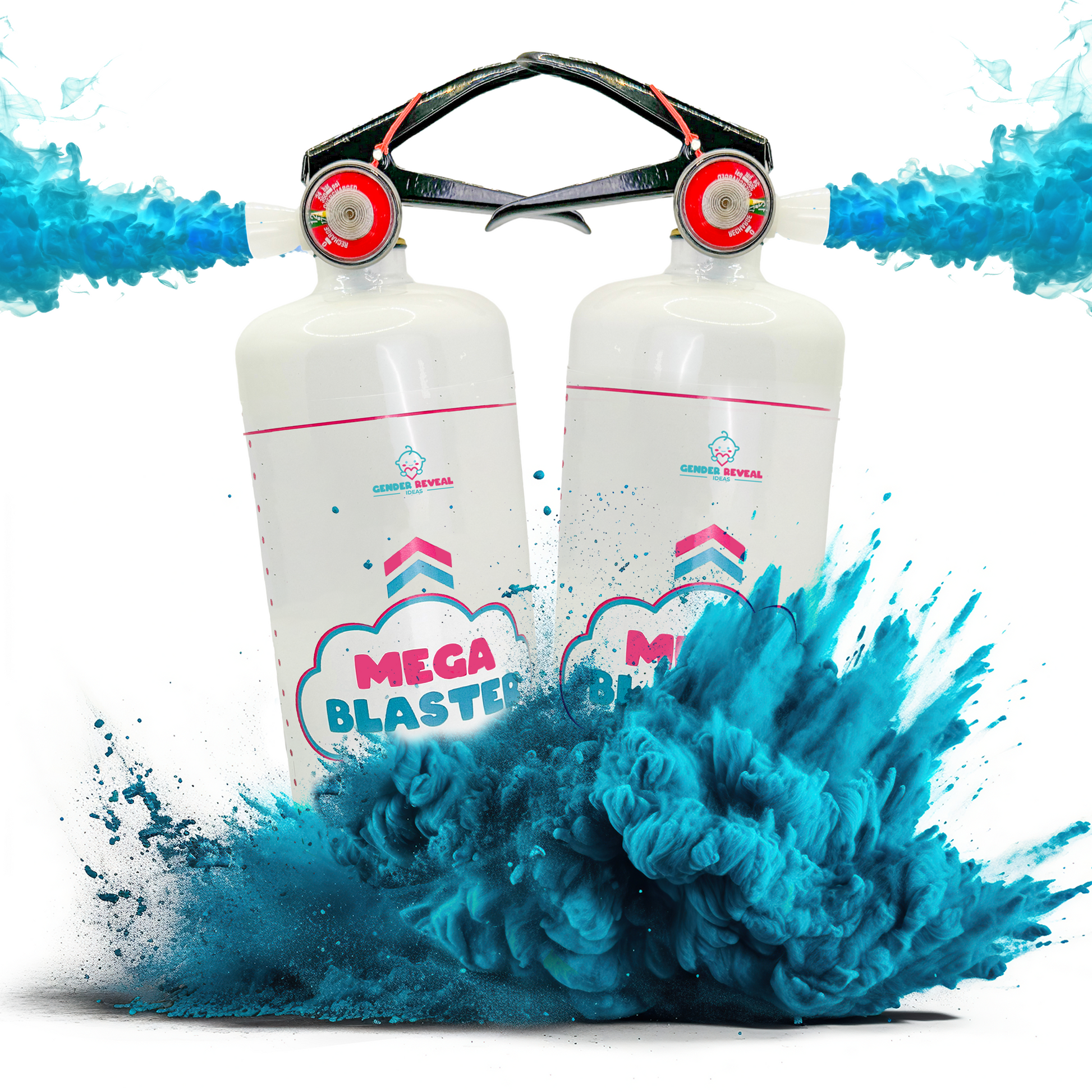 Double MEGA Powder Blaster extinguishers for gender reveal parties, featuring two white canisters with pink text and logos, surrounded by an explosive burst of bright blue powder effect against white background. Professional high-pressure powder delivery system with dual handles.