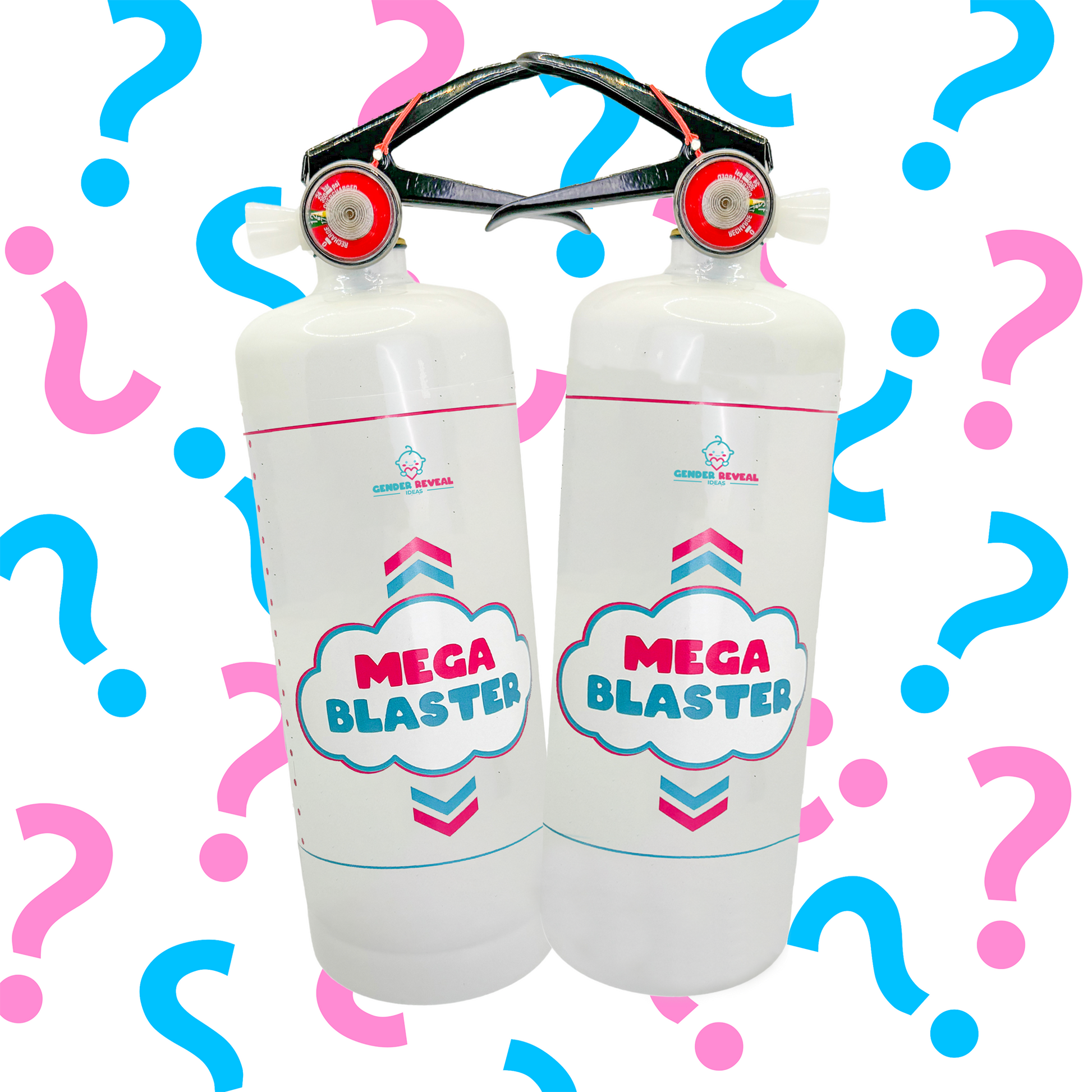 Gender Reveal Double MEGA Powder Blaster set featuring two white cylindrical canisters with pink and blue cloud-shaped logos, surrounded by decorative pink and blue question marks on white background, perfect for dramatic gender reveal celebrations.