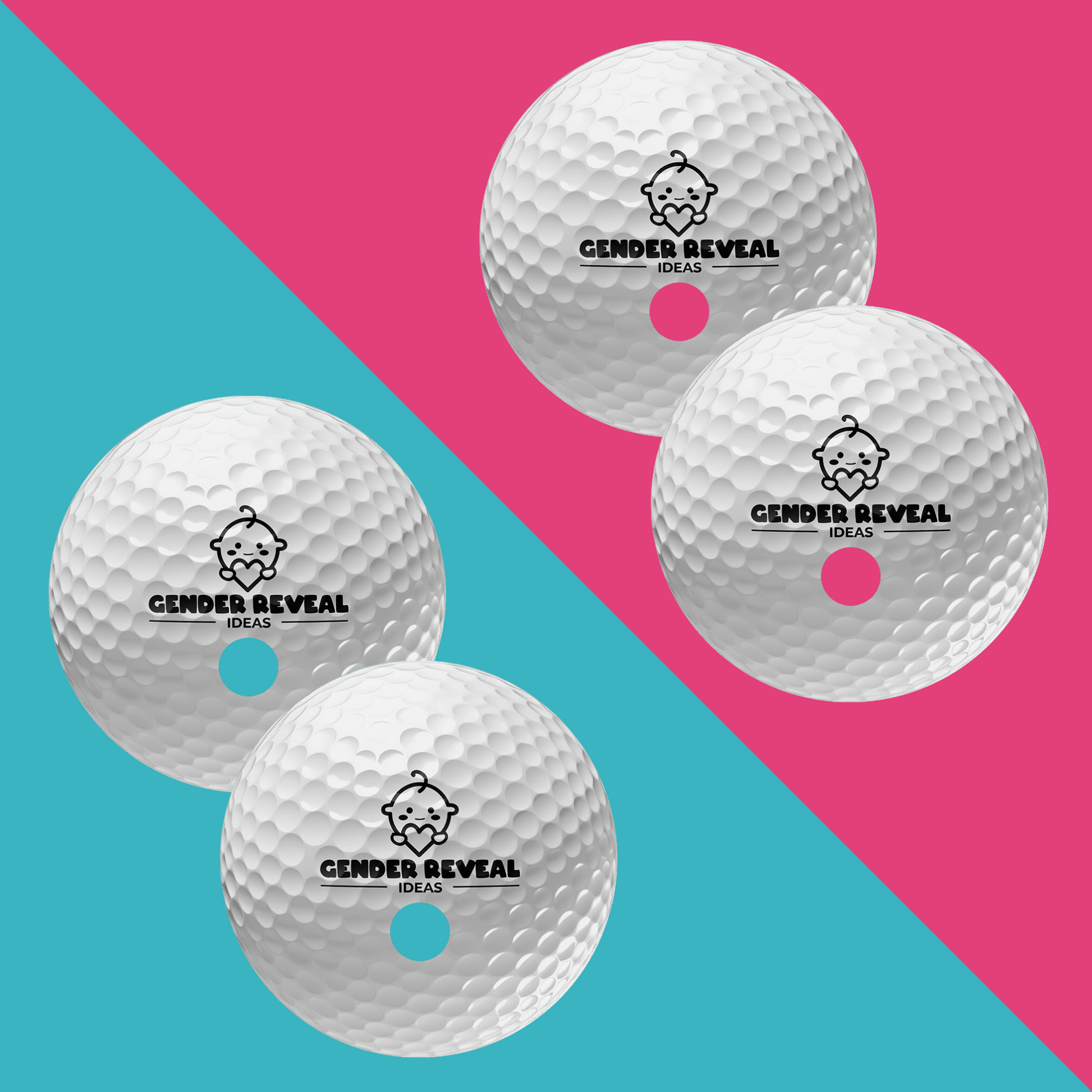 Gender Reveal Golf Balls displayed on a diagonal split background of pink and turquoise, featuring four white golf balls with a baby logo and brand name imprint, showcasing powder-filled centers in contrasting colors for gender reveal celebrations.