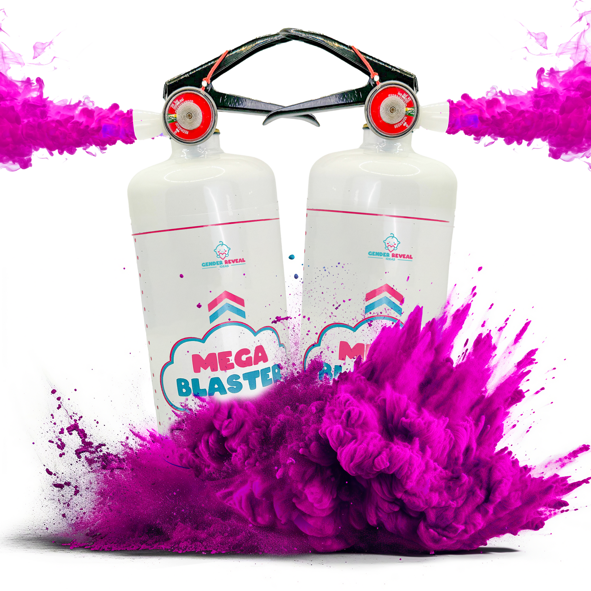 Two white Gender Reveal MEGA Powder Blaster extinguishers with dual handle mount, surrounded by vibrant pink powder explosion effect, showcasing powerful color reveal capabilities for gender announcement celebrations.