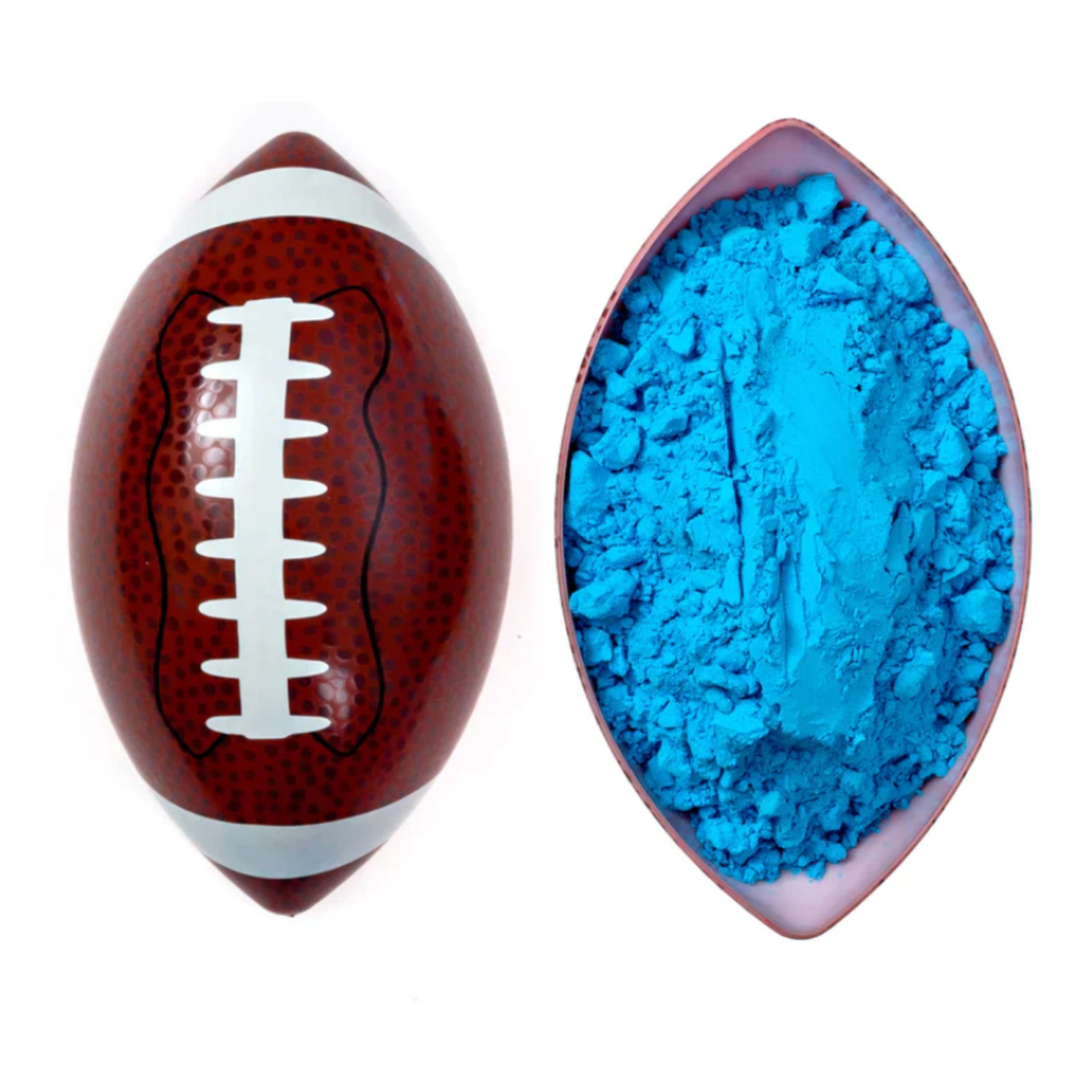 Sports Gender Reveal NFL Ball featuring a classic brown football with white laces alongside a cross-section displaying vibrant blue powder for gender reveal celebrations. The football is shown whole on left and split open on right revealing colored powder inside.