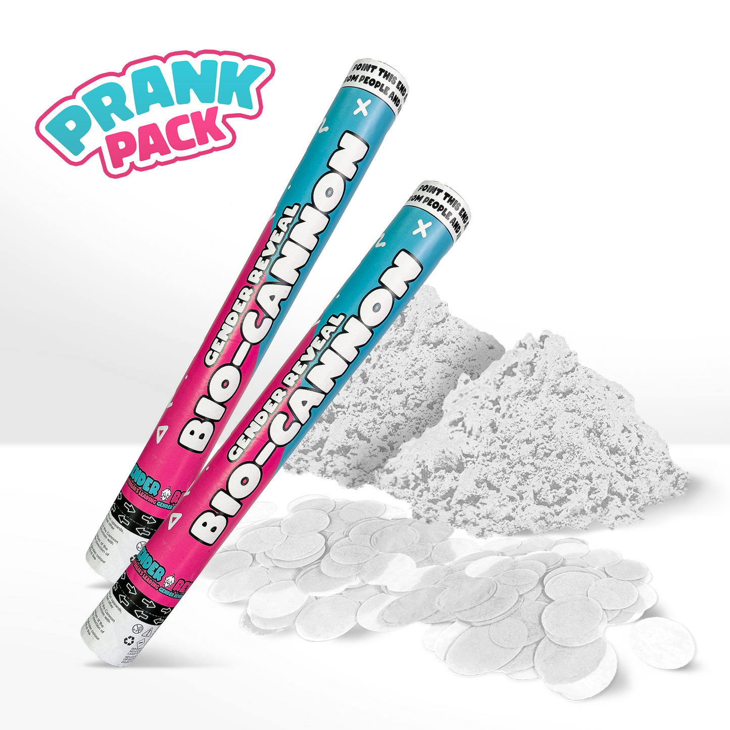PRANK 2 Pack Gender Reveal Cannon featuring two turquoise and pink party cannons displayed with white powder and biodegradable confetti scattered below, set against a white background with PRANK logo in matching colors