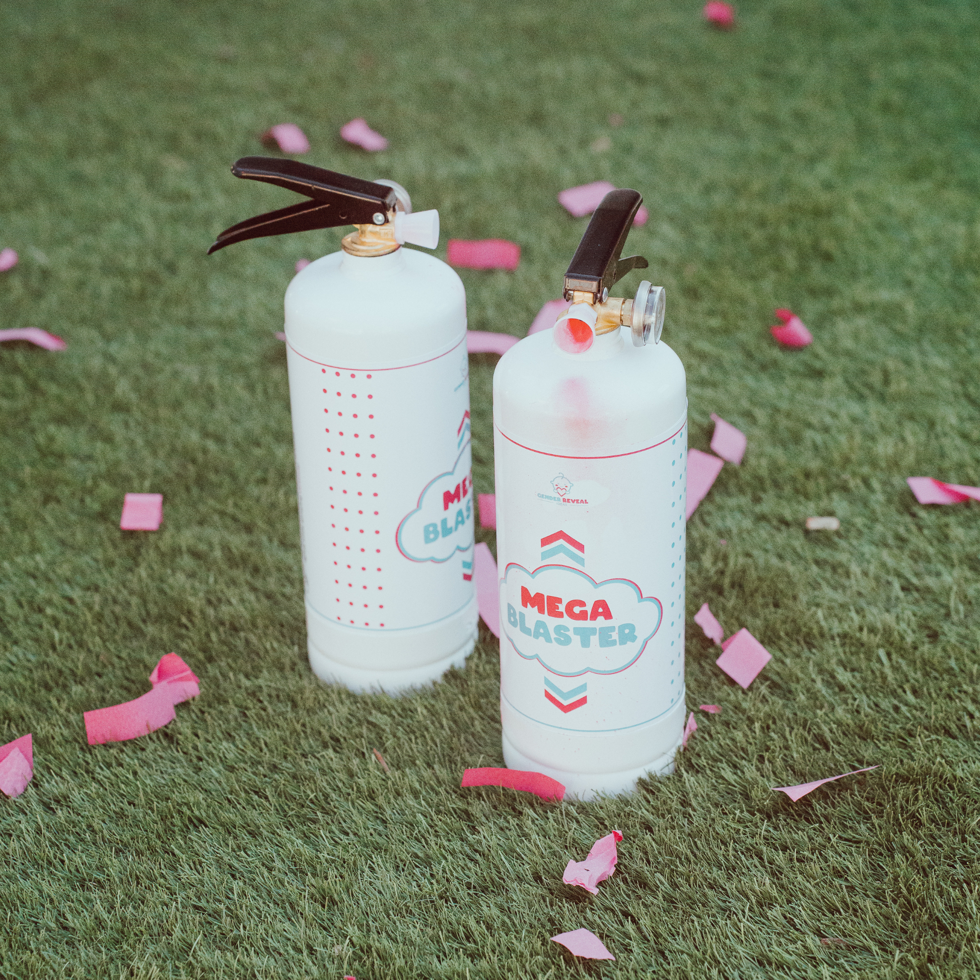 Two white Gender Reveal MEGA Powder Blaster extinguishers displayed on grass with scattered pink confetti petals, featuring cloud-shaped logos and professional safety triggers for spectacular gender reveal celebrations.