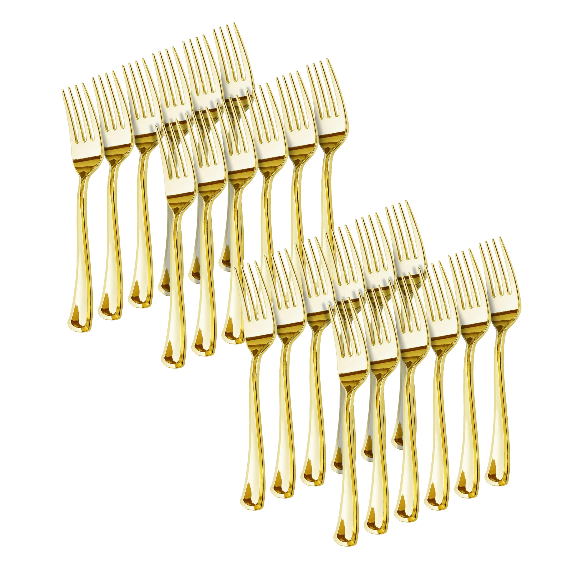 Gold Re-Usable Party Forks arranged in two rows, elegant and eco-friendly for stylish party settings.