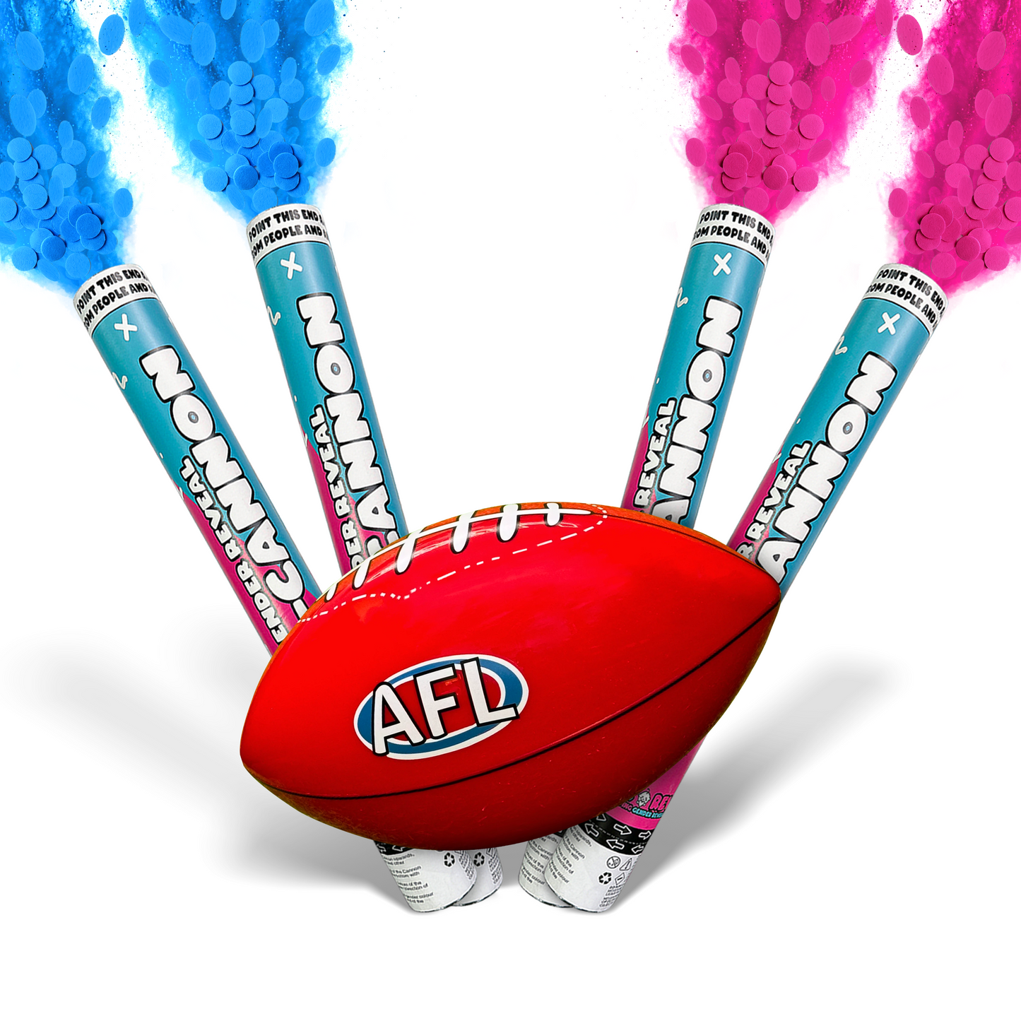 AFL Gender Reveal Ball & Cannon Bundle with red football and four smoke cannons in blue and pink colors