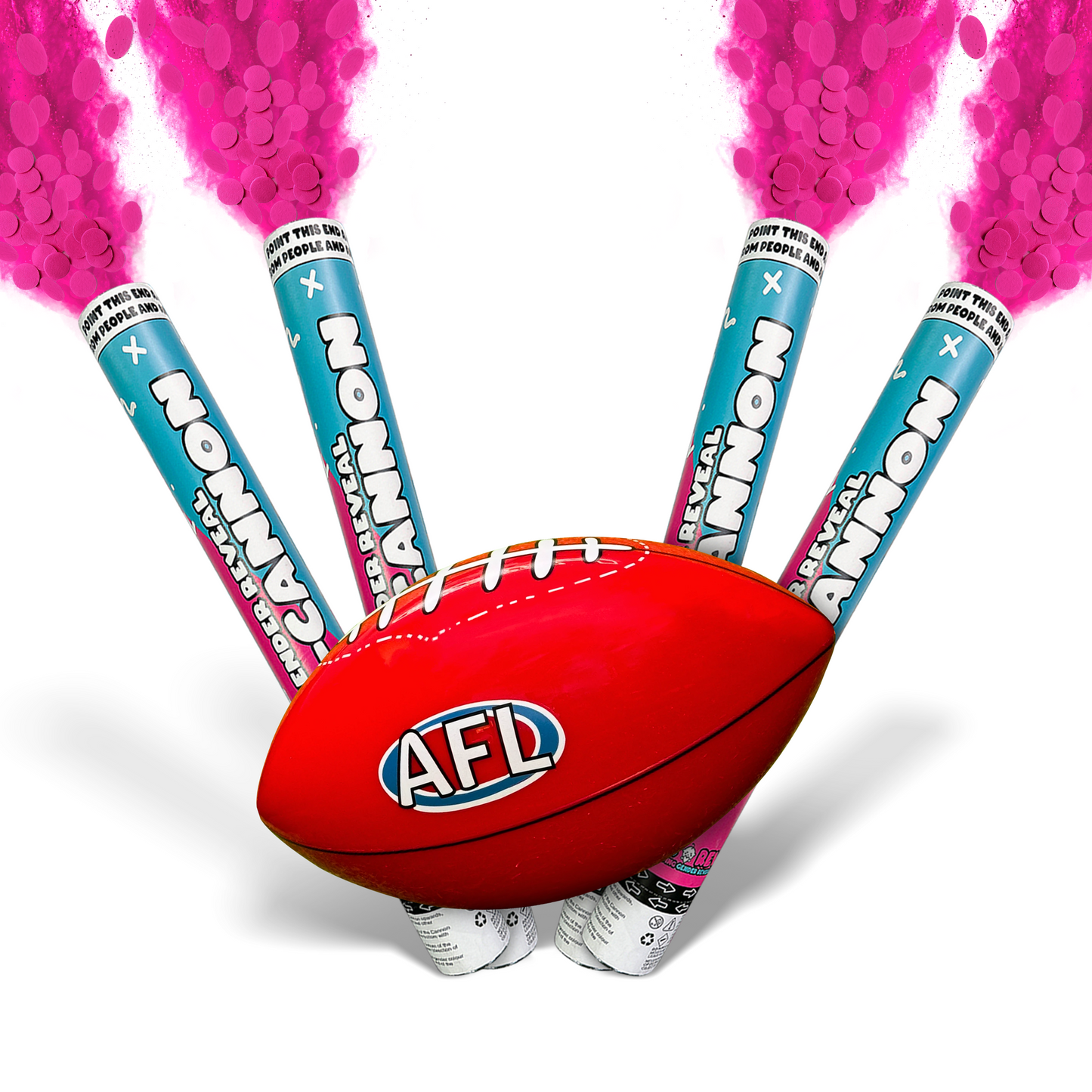 AFL Gender Reveal Ball & Cannon Bundle with red football and four blue cannons releasing pink smoke effects