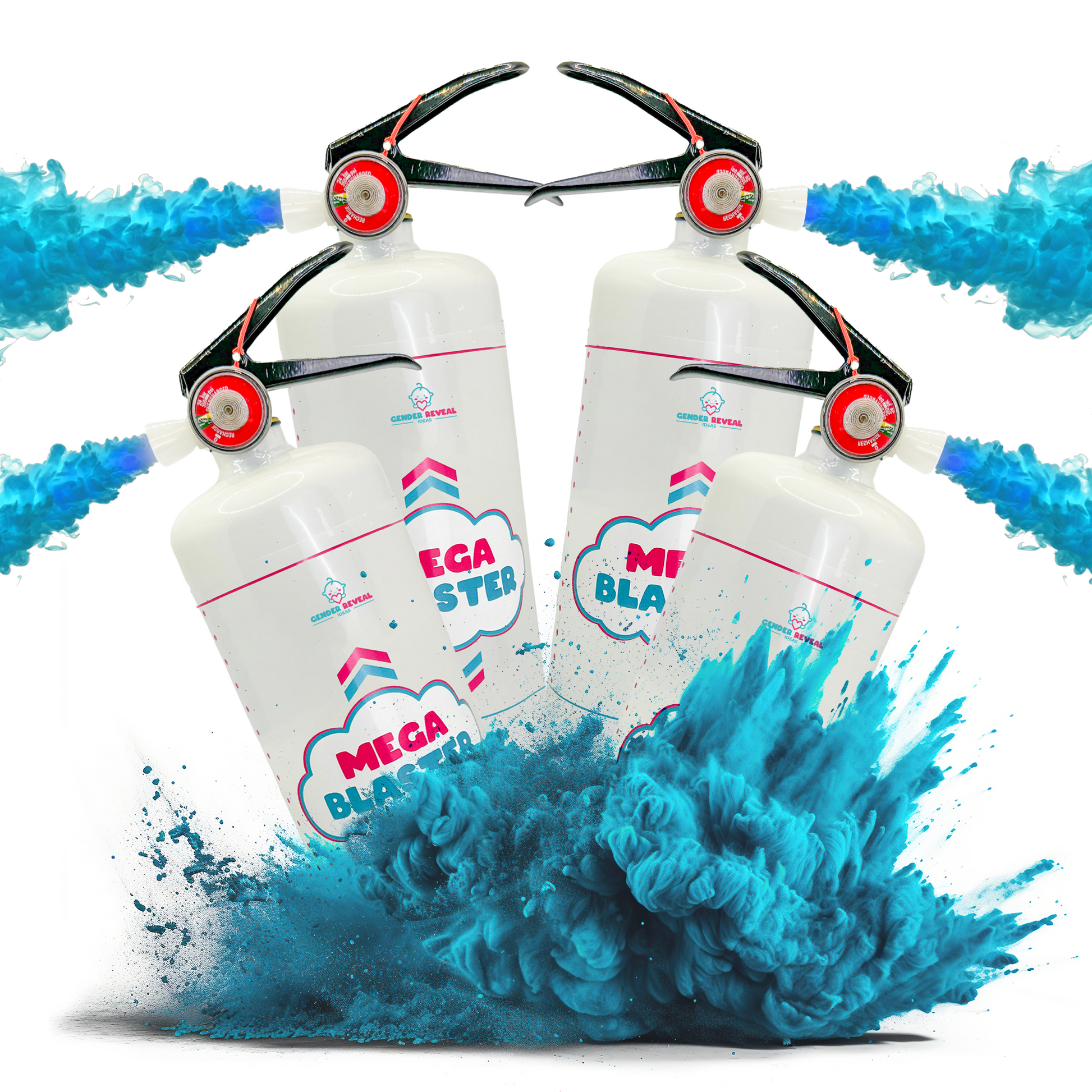 Quad Gender Reveal MEGA Powder Blaster bundle featuring four white extinguishers with black nozzles, displaying bright blue powder explosions and streams. Perfect for creating spectacular gender reveal moments with high-pressure color bursts.