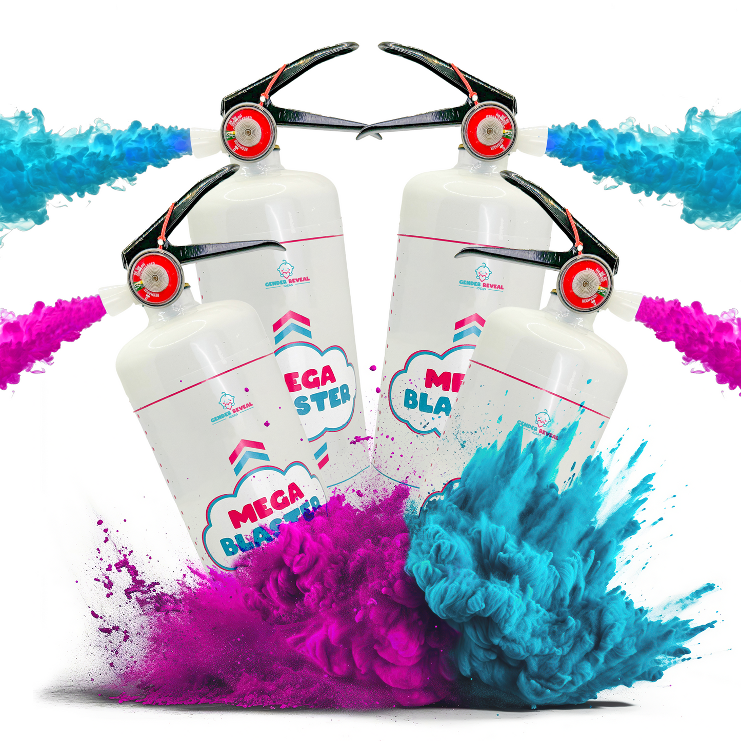 Quad Gender Reveal MEGA Powder Blaster Extinguisher featuring four white canisters with pink and blue design elements, shown with dramatic pink and blue powder explosions at the base. Professional-grade reveal devices positioned symmetrically with black and red trigger mechanisms.