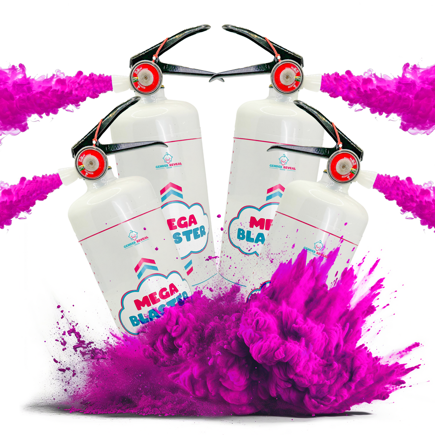 Quad Gender Reveal MEGA Powder Blaster Extinguisher shown as two white canisters with black nozzles, surrounded by vibrant pink powder explosions against white background, demonstrating high-pressure color blast effect for gender reveal celebrations