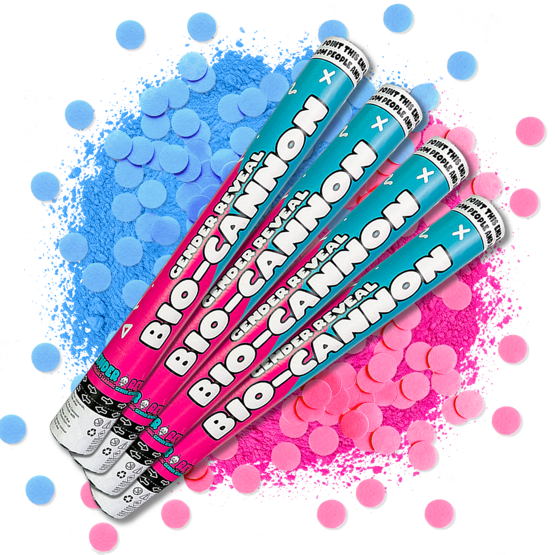 4 Pack XL Gender Reveal Confetti & Powder Cannon Bundle with blue and pink biodegradable confetti and powder.