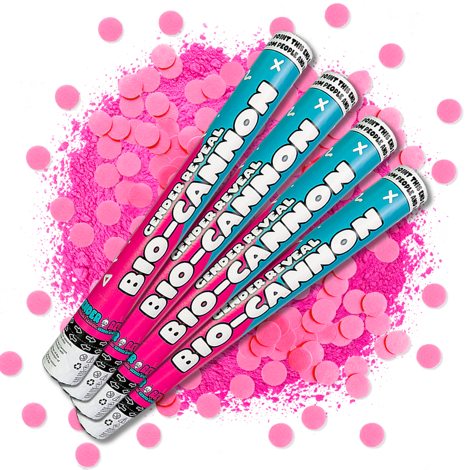 4 Pack XL Gender Reveal Confetti & Powder Cannon Bundle with pink confetti and powder for celebrations.