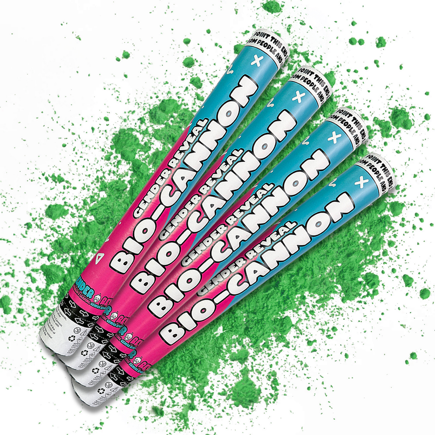 Green Party Powder Cannon BIO XL Bundle with four colorful gender reveal powder cannons and green powder burst background.