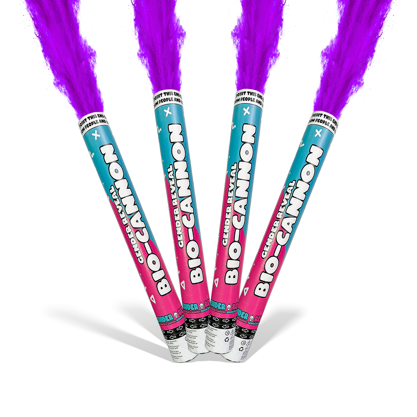 Purple Party Powder Cannon BIO XL Bundle with four cannons releasing vibrant purple powder for celebrations and gender reveals.
