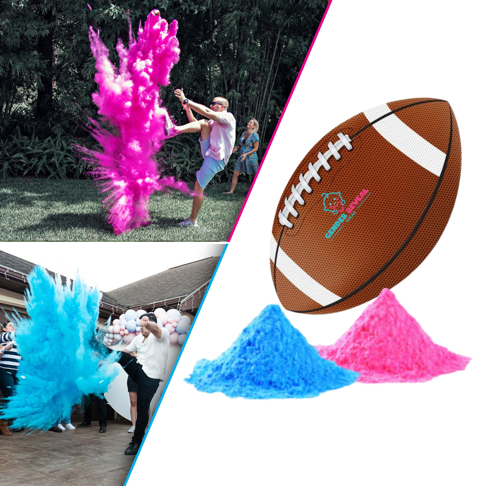 Sports Gender Reveal NFL Ball shown with vibrant pink and blue powder explosions in action shots. Features traditional brown football with white laces alongside colorful powder piles for gender reveal celebrations. Product images demonstrate both indoor and outdoor reveal moments.