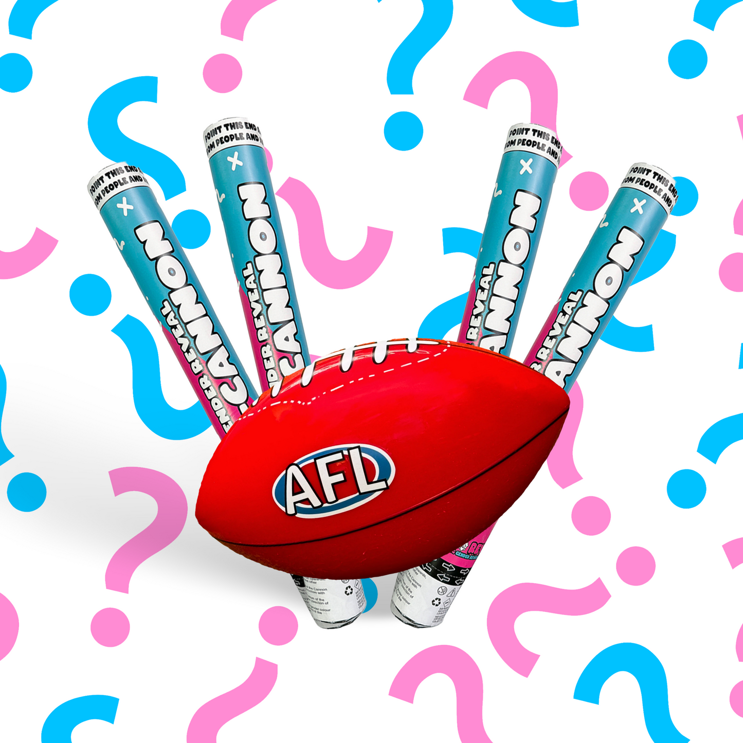 AFL Gender Reveal Ball & Cannon Family Bundle featuring a red AFL football surrounded by four blue and pink confetti cannons, displayed against a background with blue and pink question marks, perfect for Australian-themed gender reveal celebrations.
