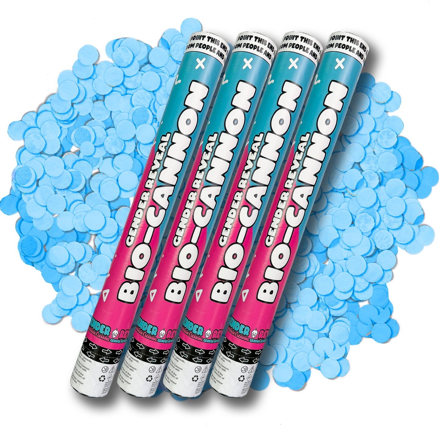 4pcs Cannon powder tubes in pink and turquoise design displayed against scattered blue confetti background, ideal for gender reveal celebrations and special events