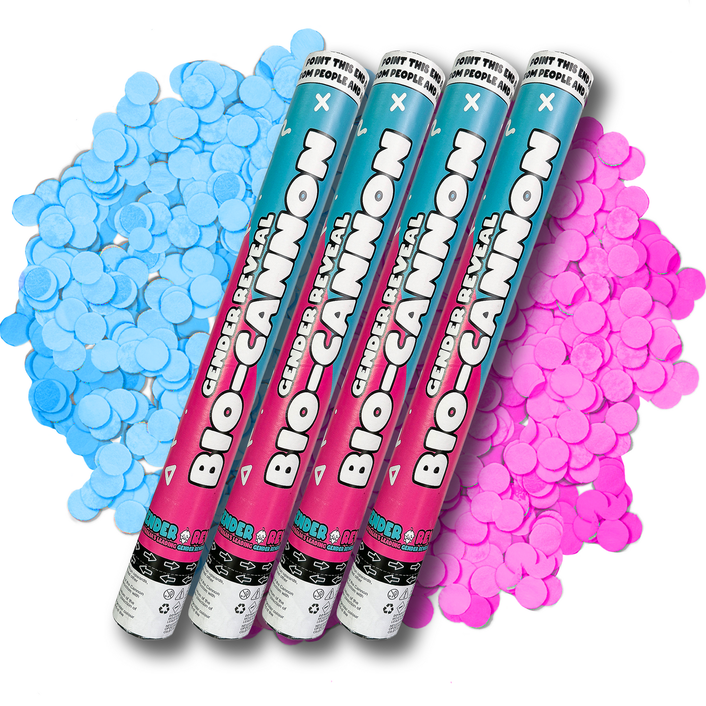 4pcs Cannon powder tubes in teal and pink design displayed against scattered blue and pink confetti circles, perfect for gender reveal celebrations and special announcements. Each cannon features identical branding and design elements.