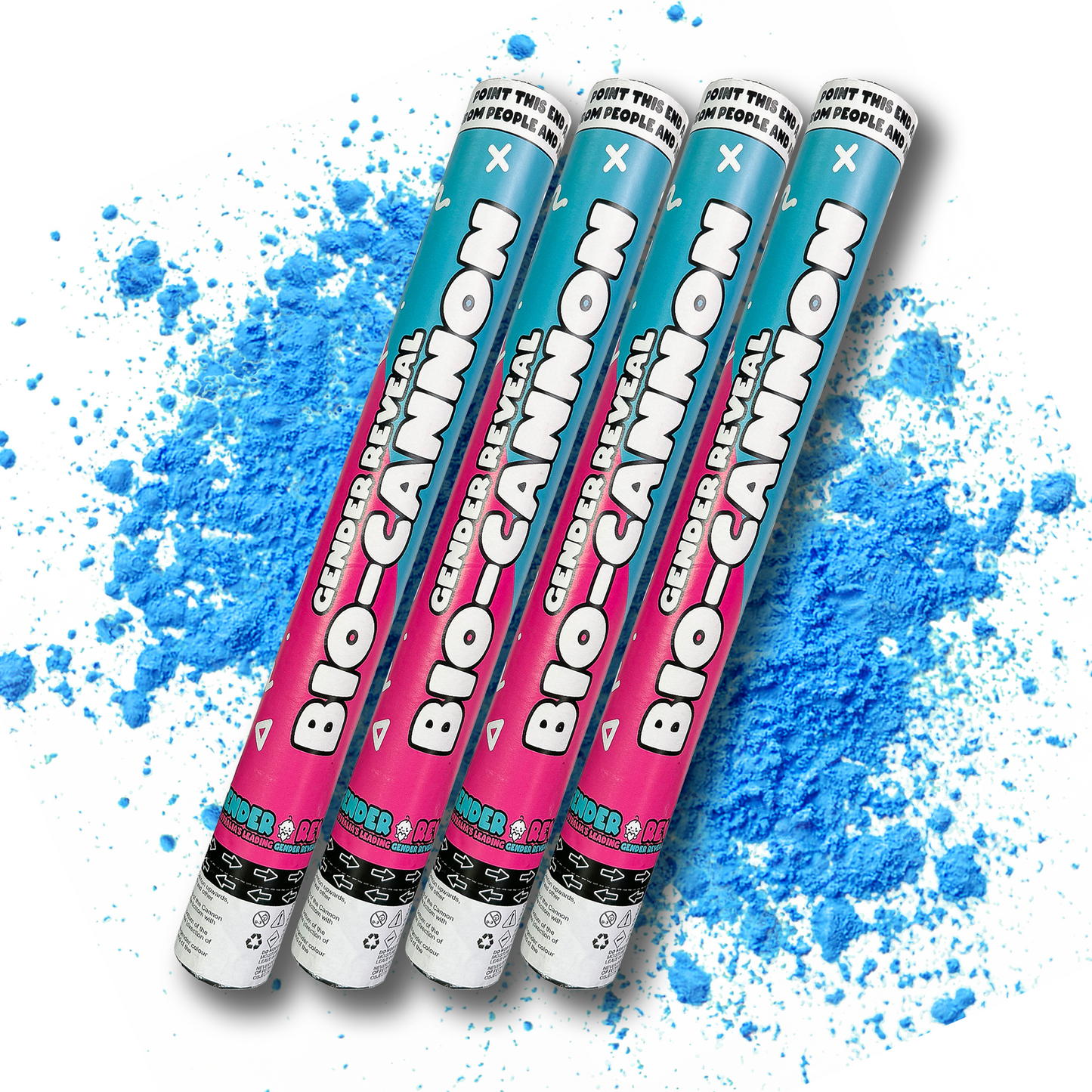 4pcs Cannon powder launchers in pink and blue design arranged diagonally against a vibrant blue powder explosion background, perfect for gender reveal celebrations and special events