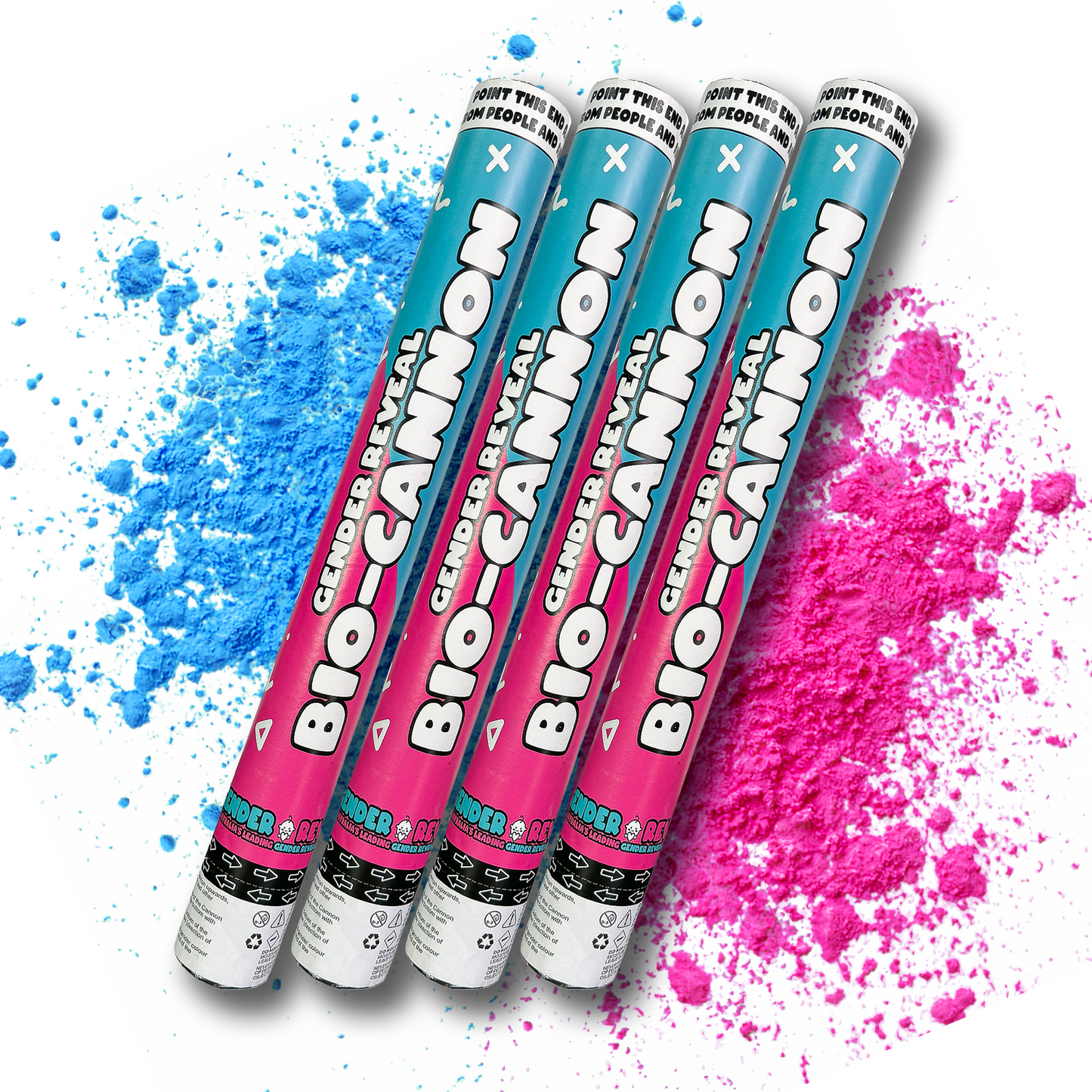 4pcs Cannon powder tubes displayed diagonally with vibrant blue and pink powder explosions on white background, featuring turquoise and pink design elements for gender reveal celebrations and special announcements