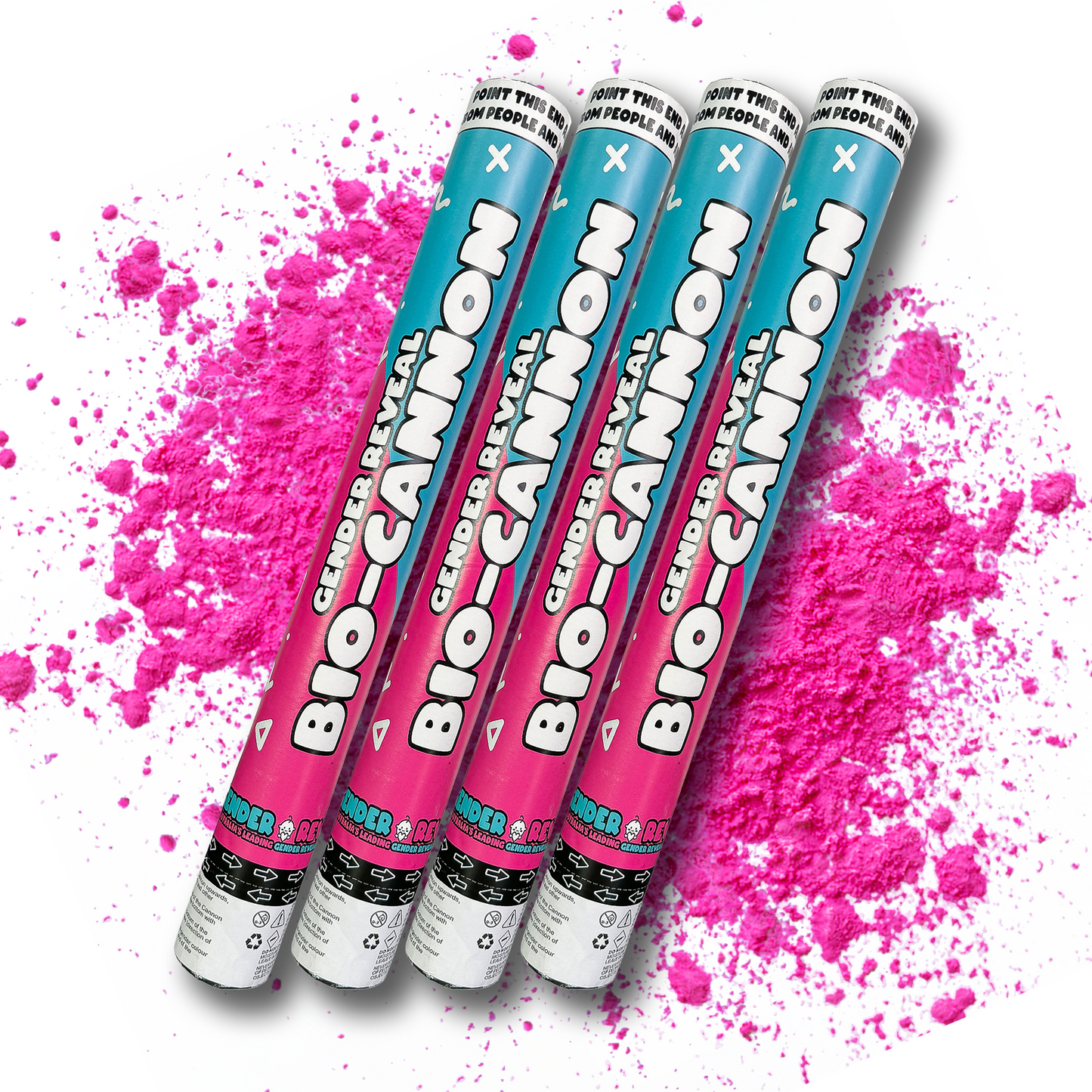 4pcs Cannon powder tubes displayed diagonally against vibrant pink powder splash background. Turquoise and pink branded cannons for celebrations and gender reveals, arranged in parallel formation with explosive powder effect.
