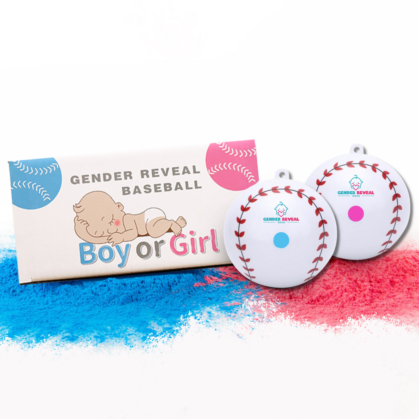 Sports Gender Reveal Baseball set with white baseballs featuring blue and pink powder markings, displayed alongside product box with baby illustration and blue and pink baseball designs, set against pink and blue powder background