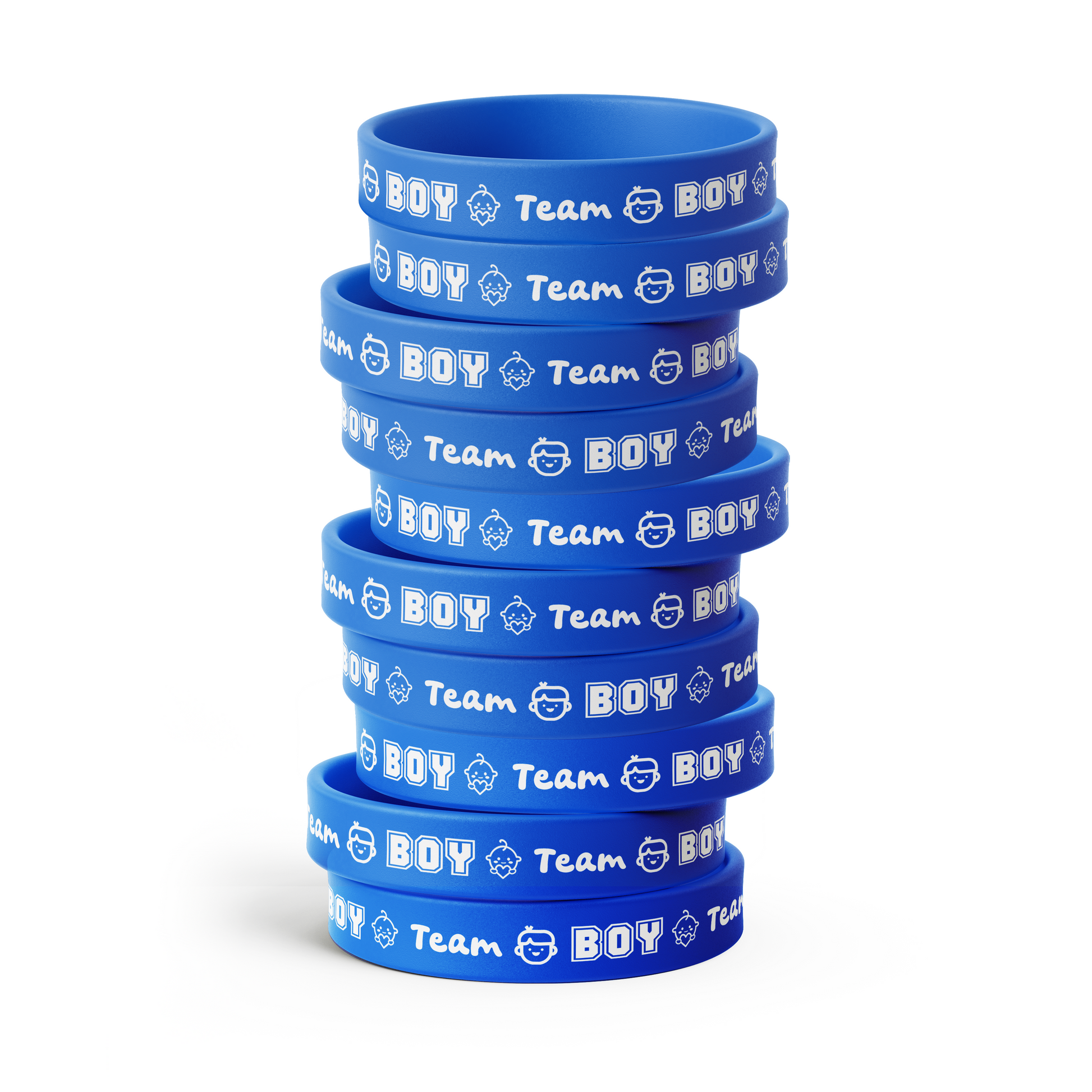 Custom Gender Reveal Party Wrist Bands - 20 Pack showing stacked blue "Team Boy" rubber wristbands with white text and icons.