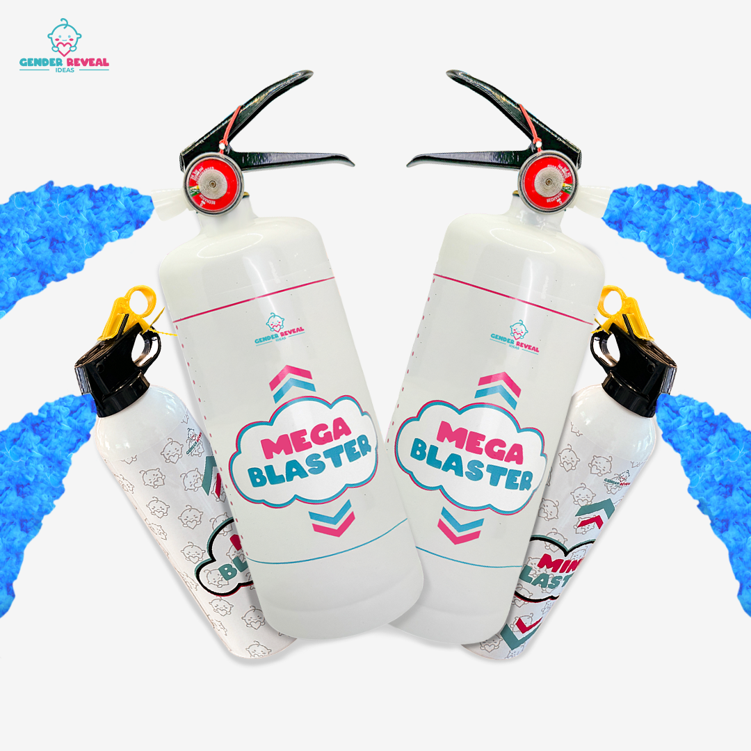 Quad Family Gender Reveal Extinguisher Bundle with two large and two small white mega blasters surrounded by blue powder clouds