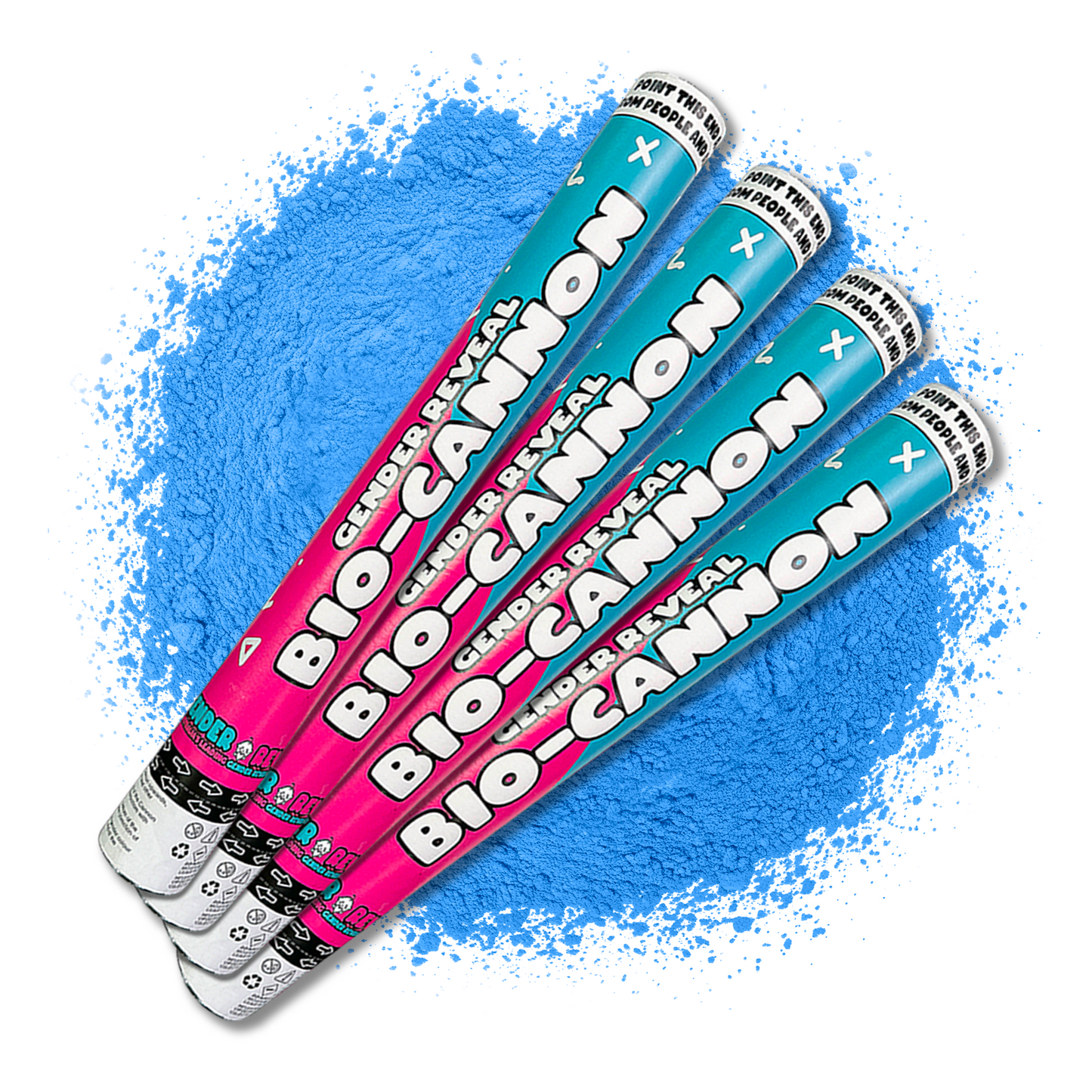 Gender Reveal Powder Cannon BIO XL Bundle with four teal and pink cannons against scattered blue powder background