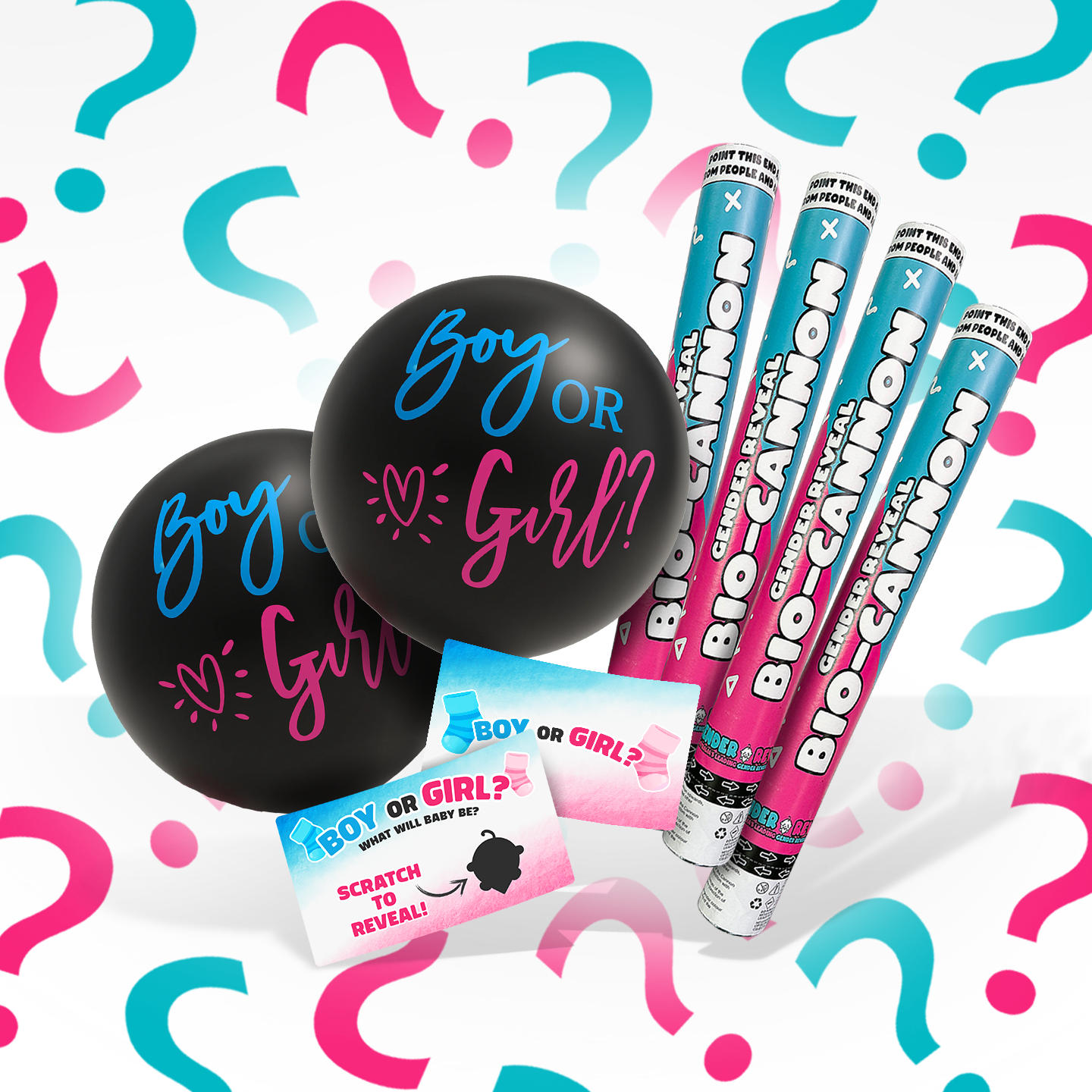 Twins Gender Reveal Bundle with blue and pink cannons, balloons, and scratch cards against question mark background