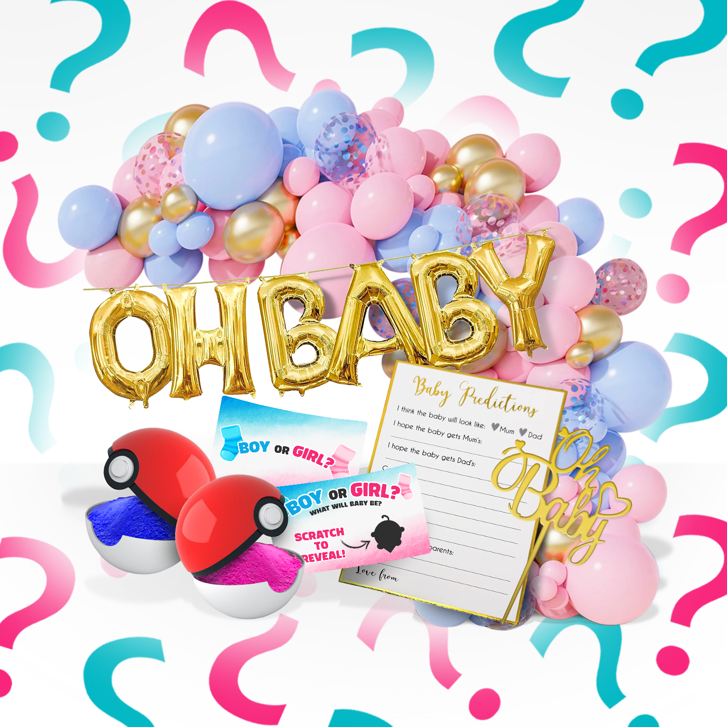 Gender reveal bundle with gold OH BABY balloons, pink and blue balloon arch, scratch cards, and red powder blasters