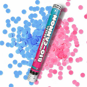 Gender Reveal Confetti Cannon XL 50cm with blue and pink eco-friendly confetti for pregnancy celebrations.