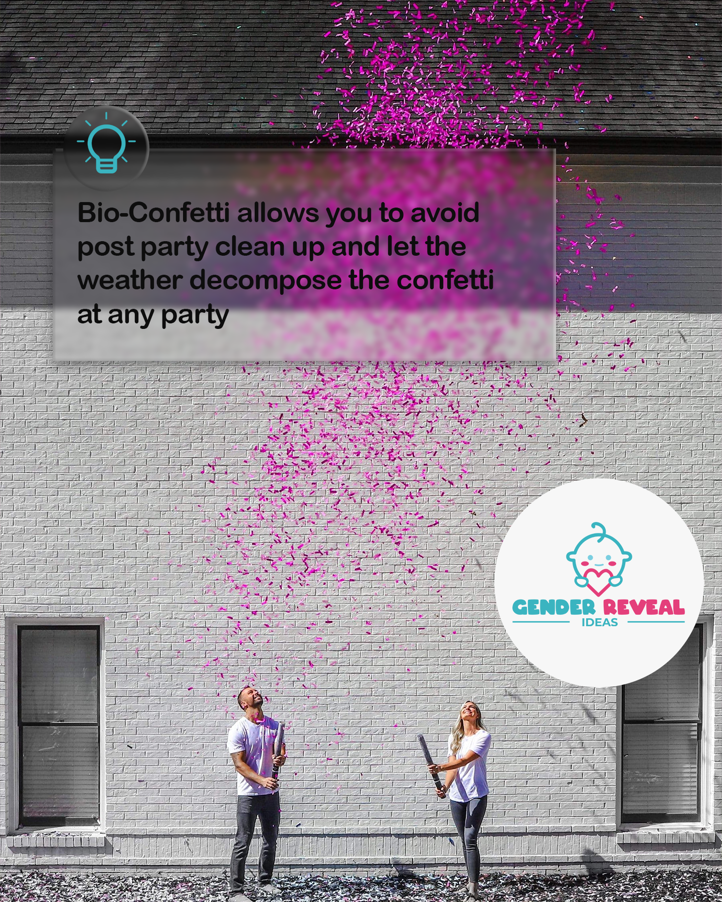 Gender Reveal Confetti Cannon XL 50cm shown in action with bright pink biodegradable confetti bursting against a white brick wall, demonstrating its impressive blast radius while highlighting the eco-friendly nature of the product for gender reveal celebrations.