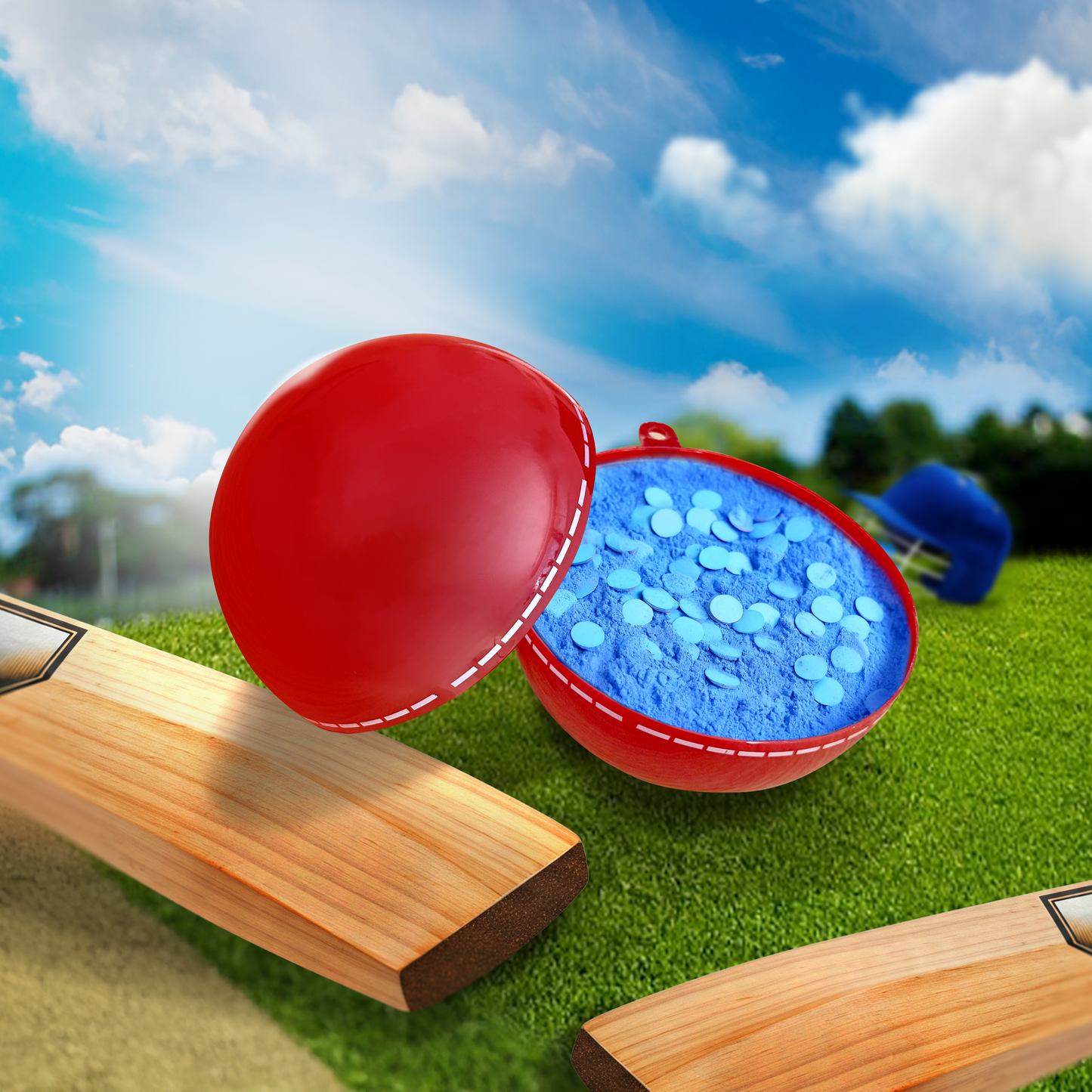 Gender Reveal Cricket Ball filled with blue powder displayed on grass with cricket bat and sunny sky background