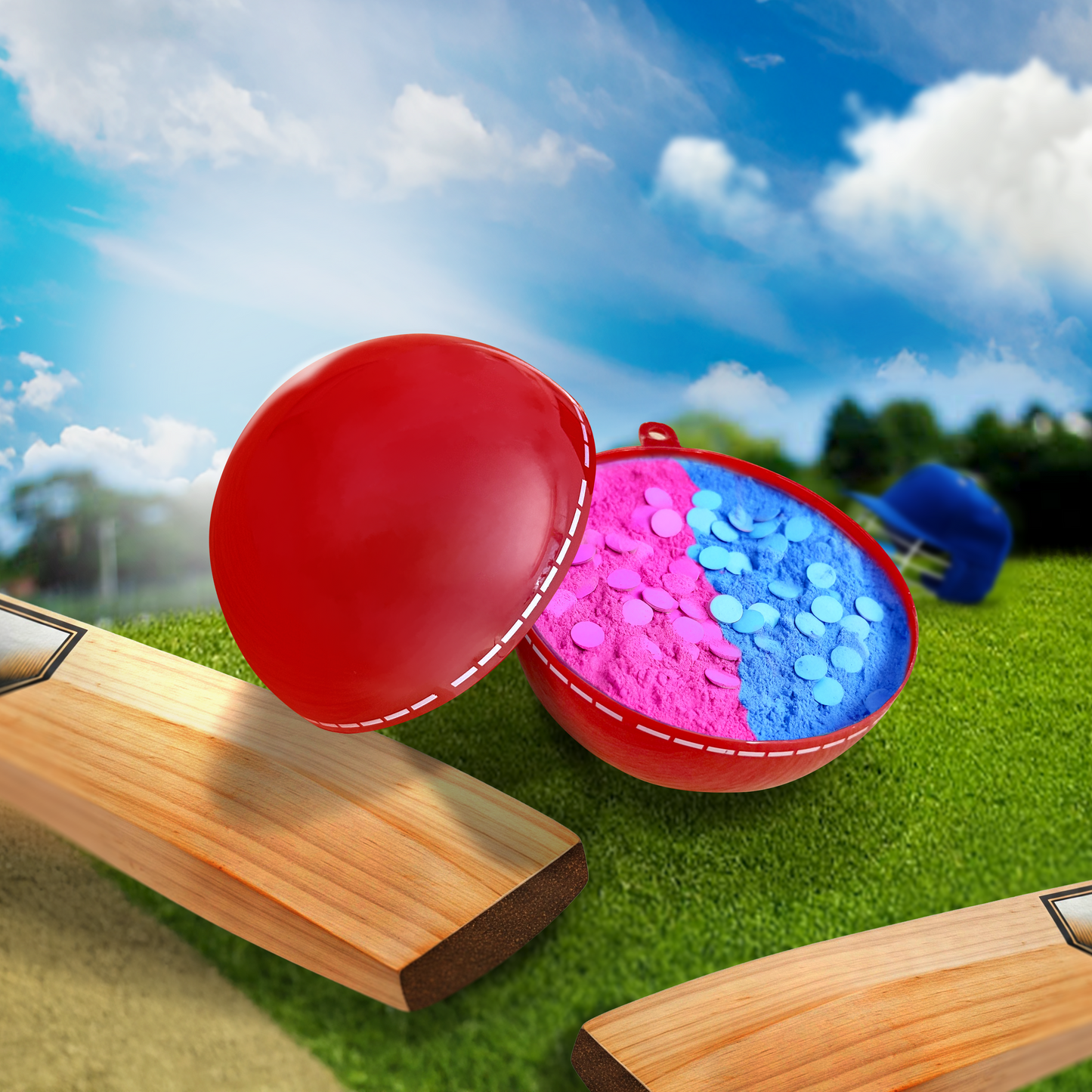 Gender reveal cricket ball split open showing pink and blue powder on cricket field with bat and bright sky