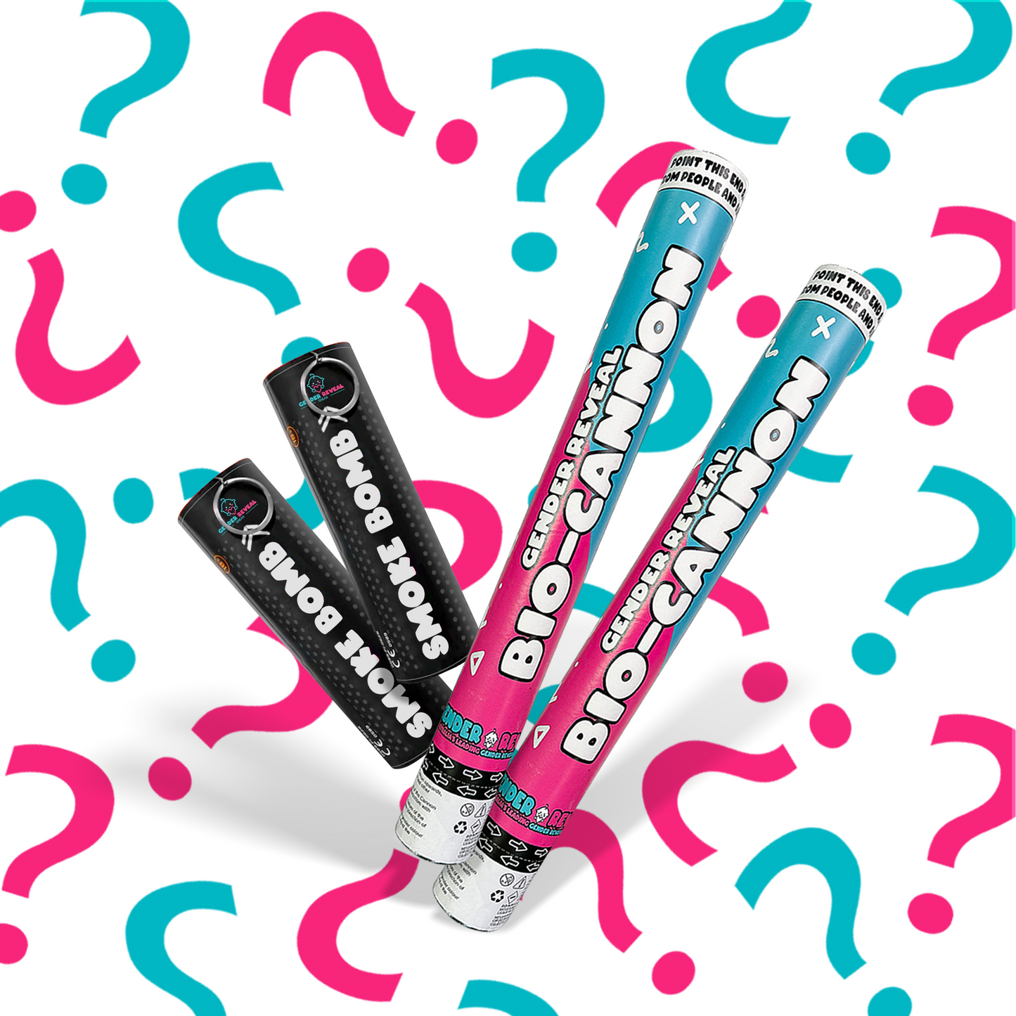 Double Gender Reveal Smoke & Cannon Bundle with blue and pink design against blue and pink question marks background
