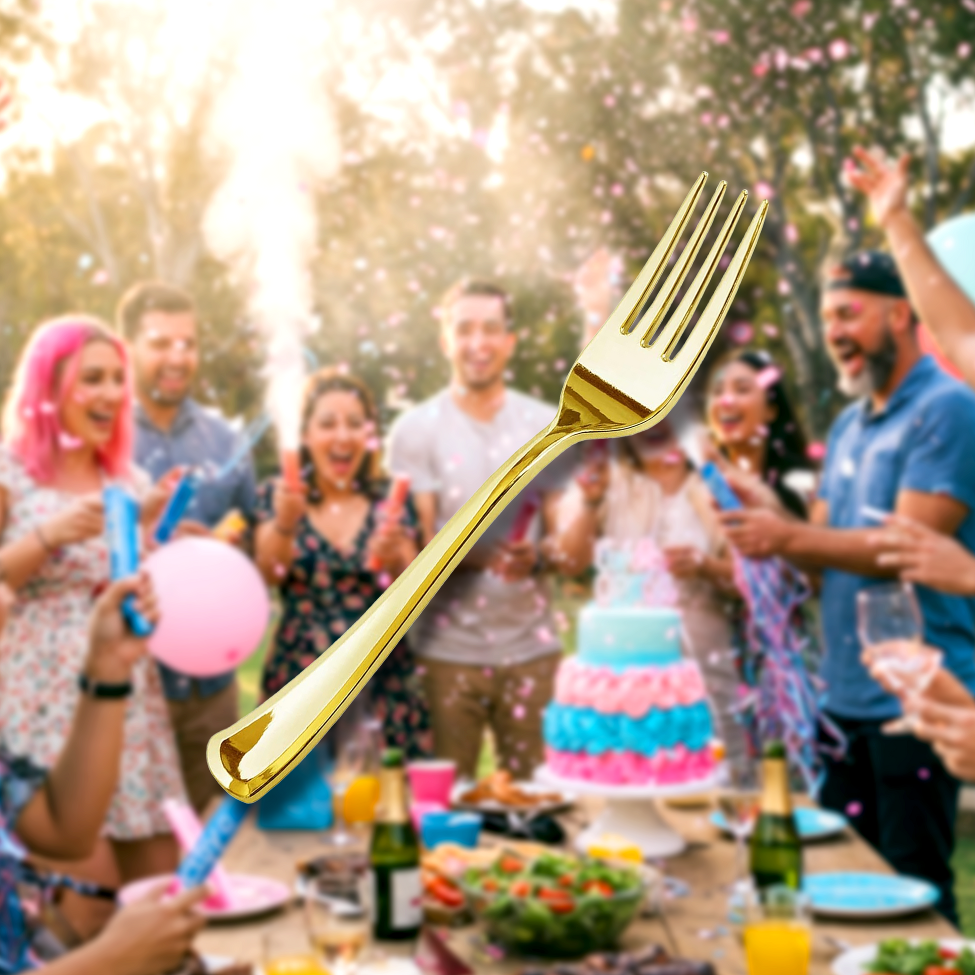 Gold Re-Usable Party Forks shown with a festive outdoor celebration and colorful cake in the background