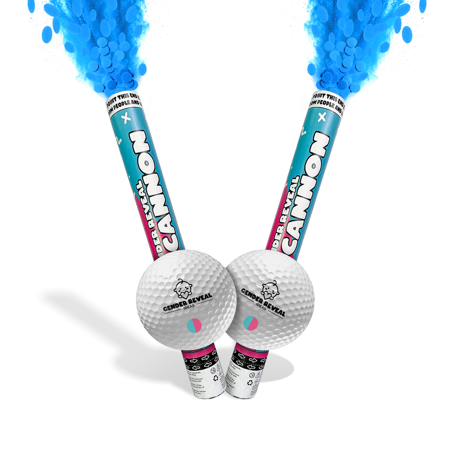 Golf Gender Reveal Cannon & Ball Bundle with two blue smoke cannons and golf balls for gender announcement party