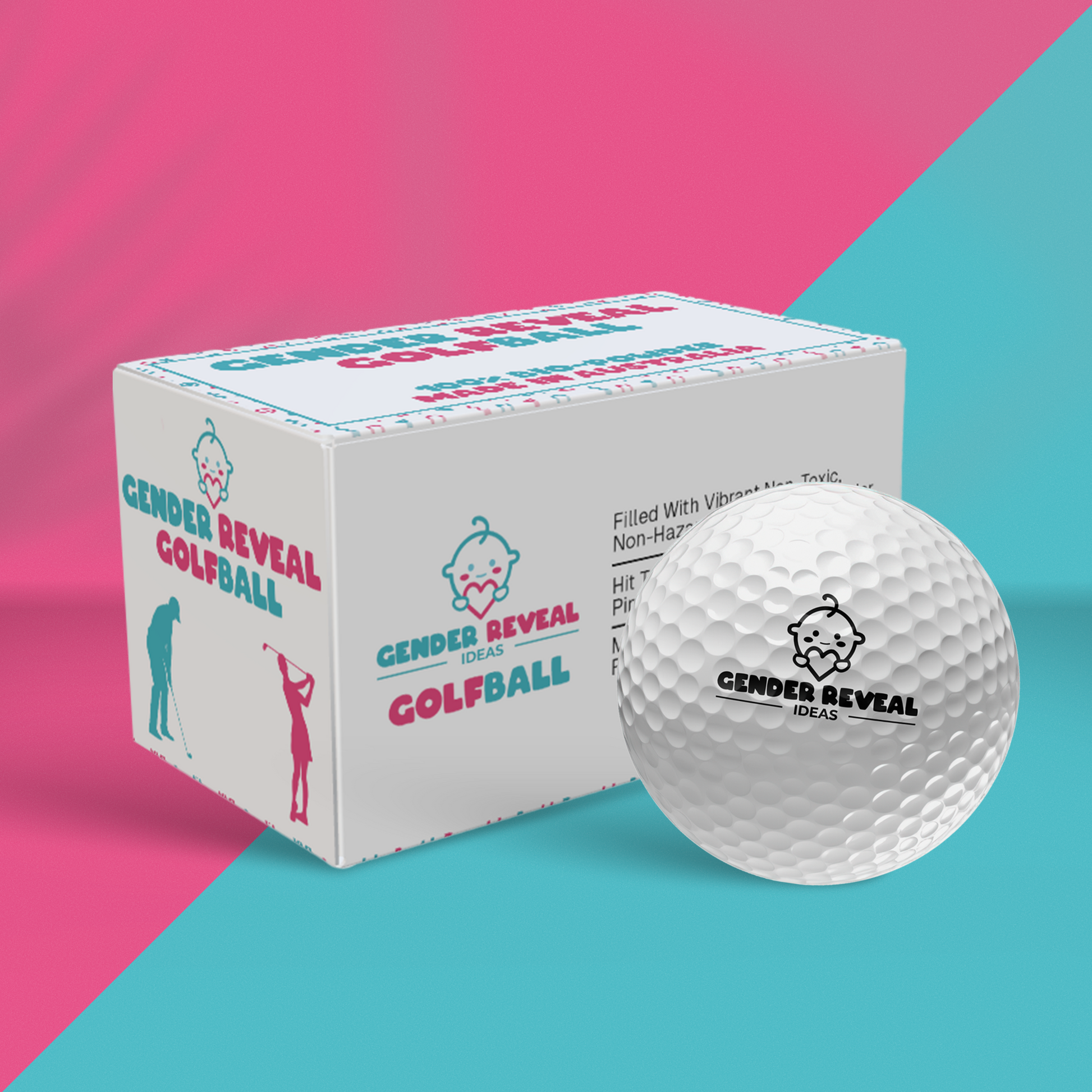 Gender Reveal Golf Balls product package featuring a white cardboard box and golf ball with custom branding displayed against a vibrant pink and turquoise diagonal background. The box shows silhouettes of golfers and includes the product logo with a cupcake icon.