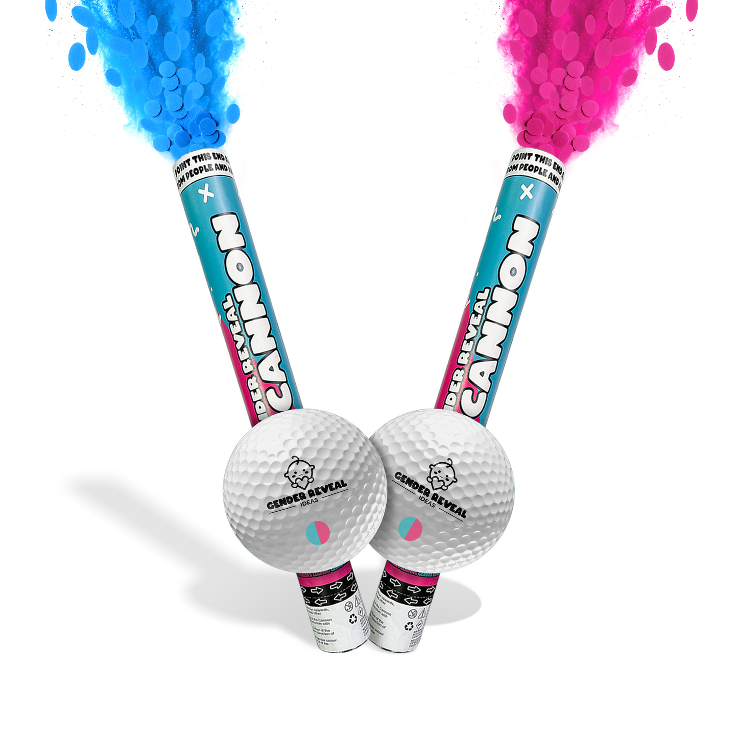 Golf Gender Reveal Cannon & Ball Bundle with blue and pink smoke cannons and golf balls for exciting gender announcements