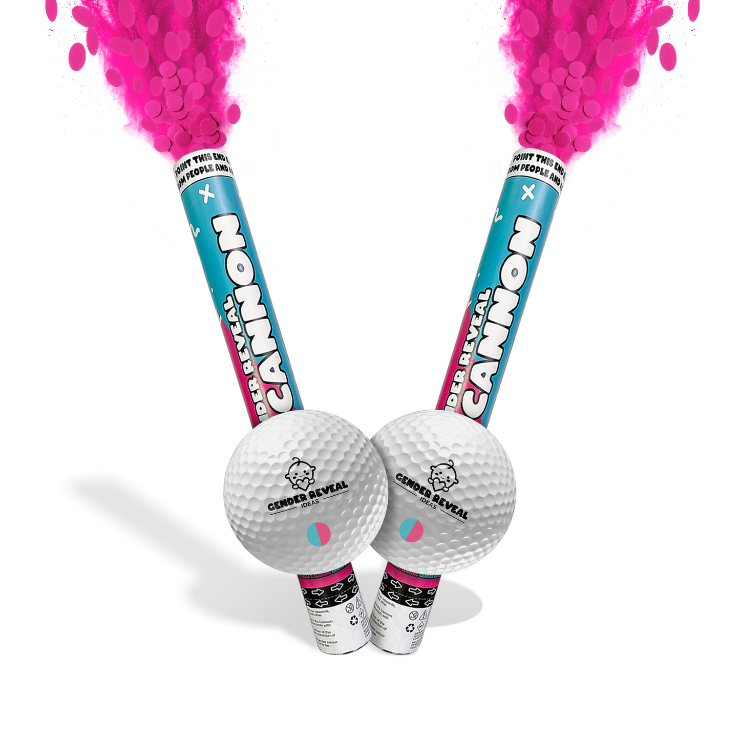 Golf Gender Reveal Cannon Bundle with two blue cannons releasing pink smoke and two golf balls with pink accents