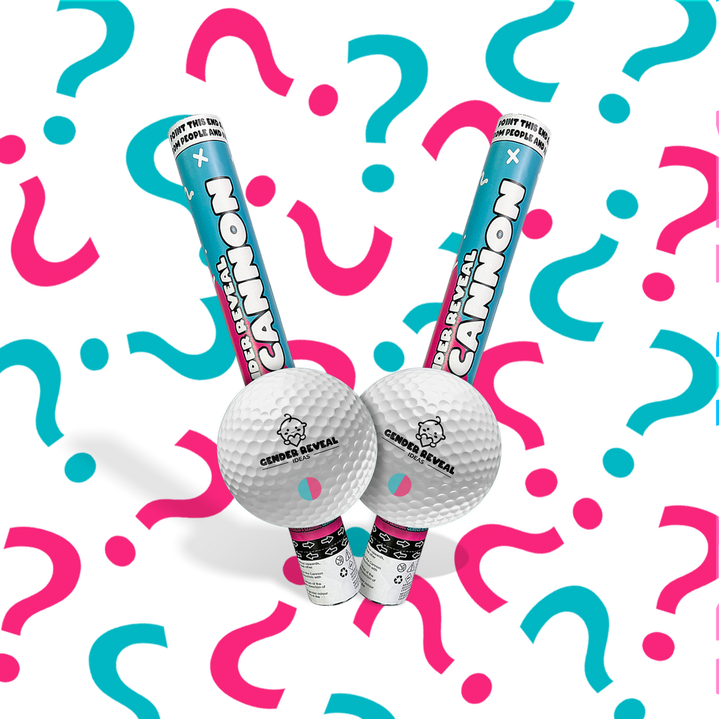 Golf Gender Reveal Cannon & Ball Family Bundle with blue and pink smoke cannons and golf balls on question mark background