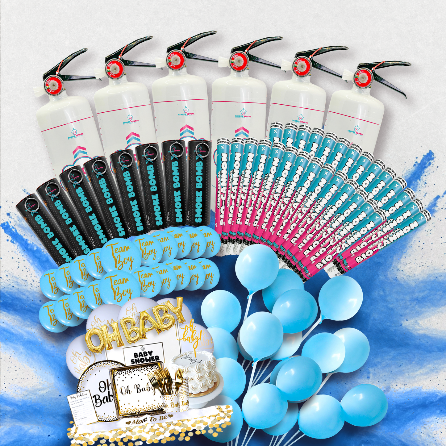 Gender-Geddon Australia's Largest Gender Reveal Bundle featuring white smoke cannons, decorative party accessories, blue balloons, and golden 'OH BABY' text banner arranged in a festive display against a blue-splattered background, showcasing complete party reveal package contents.