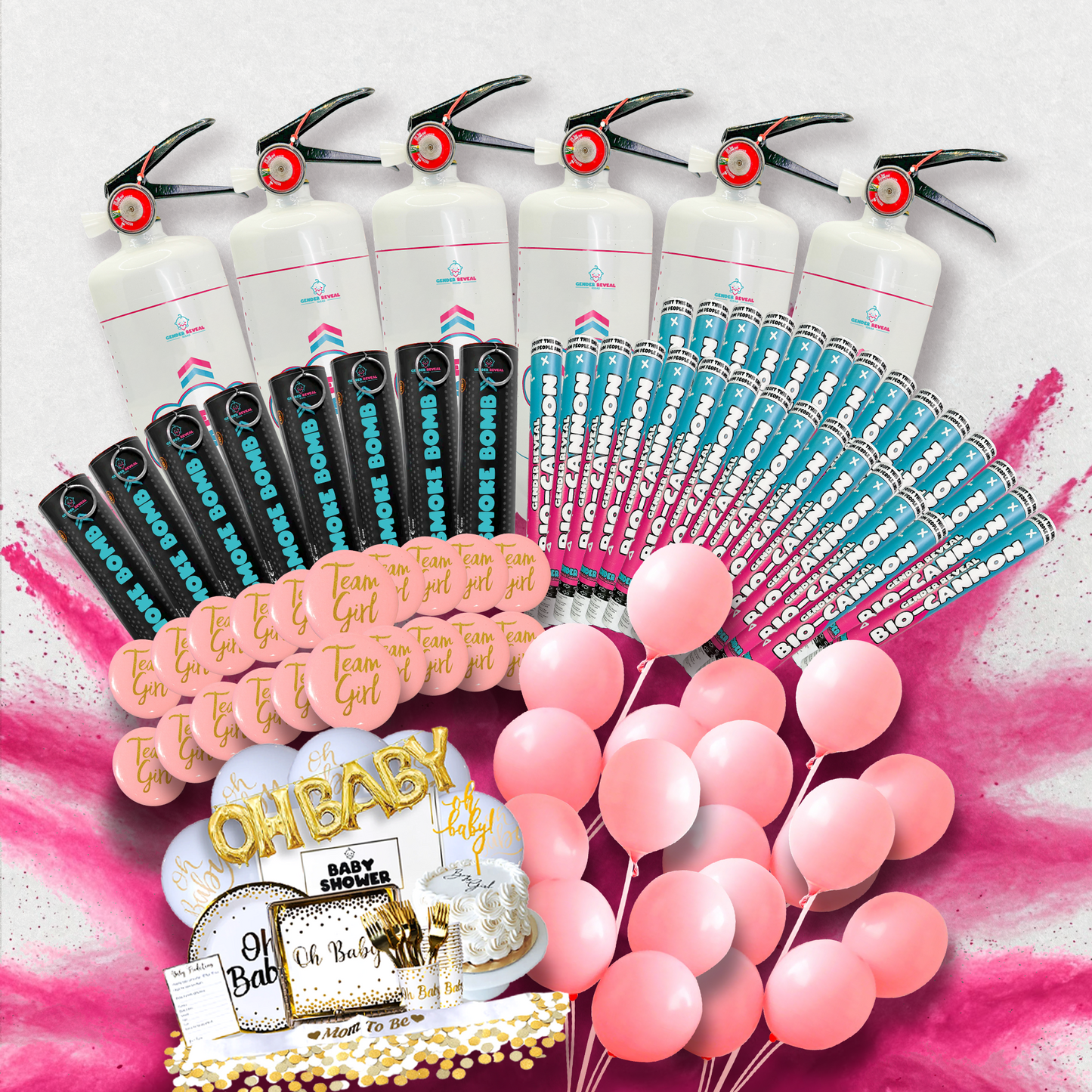 Gender-Geddon Australia's Largest Gender Reveal Bundle featuring white smoke canisters, blue confetti cannons, pink balloons, and gold OH BABY decorations arranged on a pink and white background. Complete party reveal package displayed in an artistic flat lay composition.